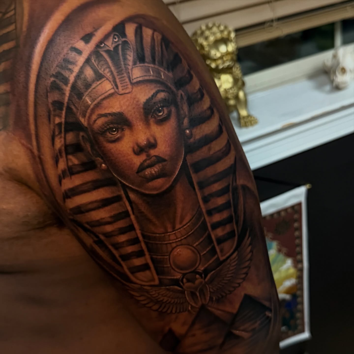 Pharaoh realism tattoo on the shoulder by Christian Hood
