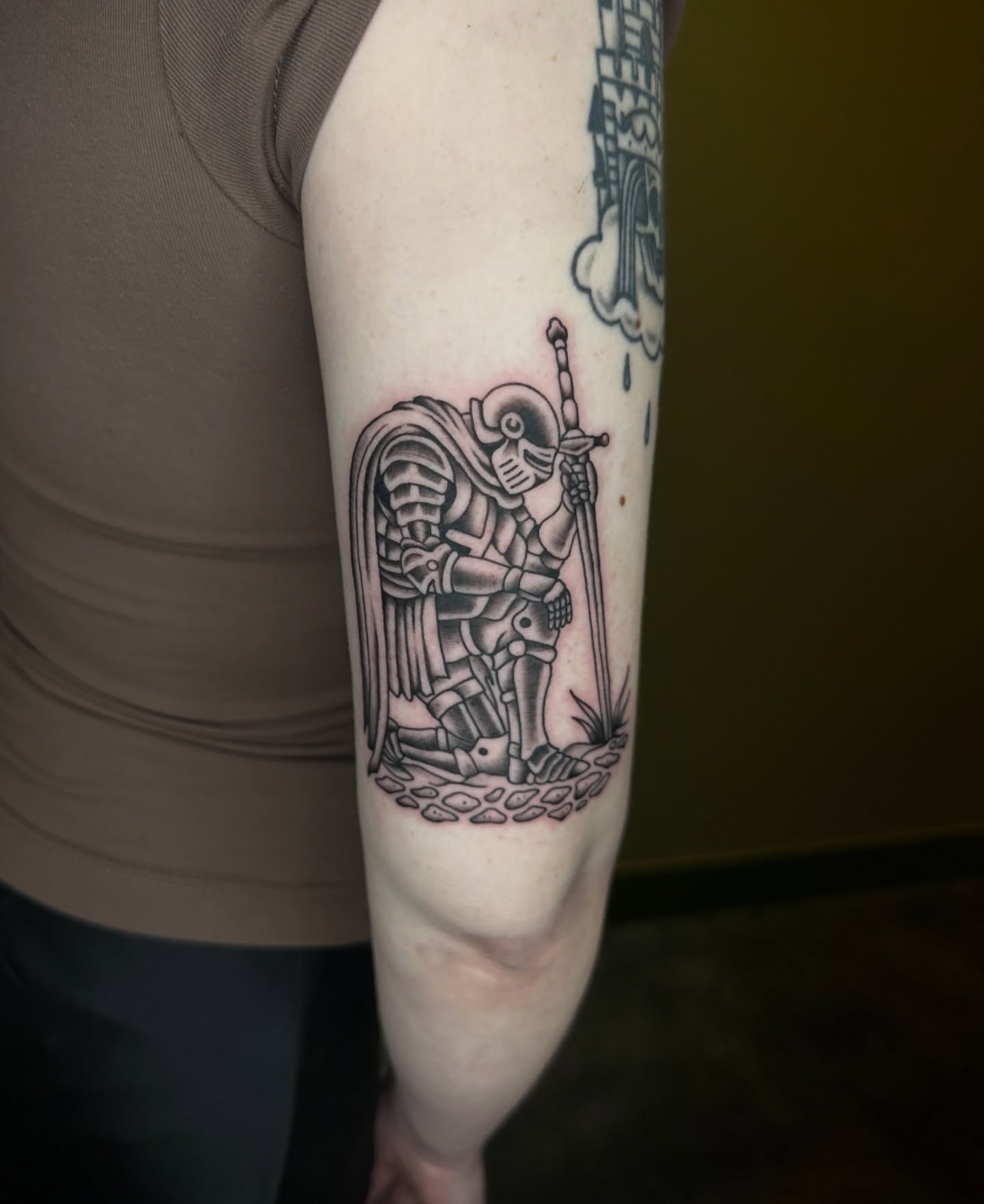 Knight and sword black and grey tattoo on the forearm by Fabian💉 Tattoo artist