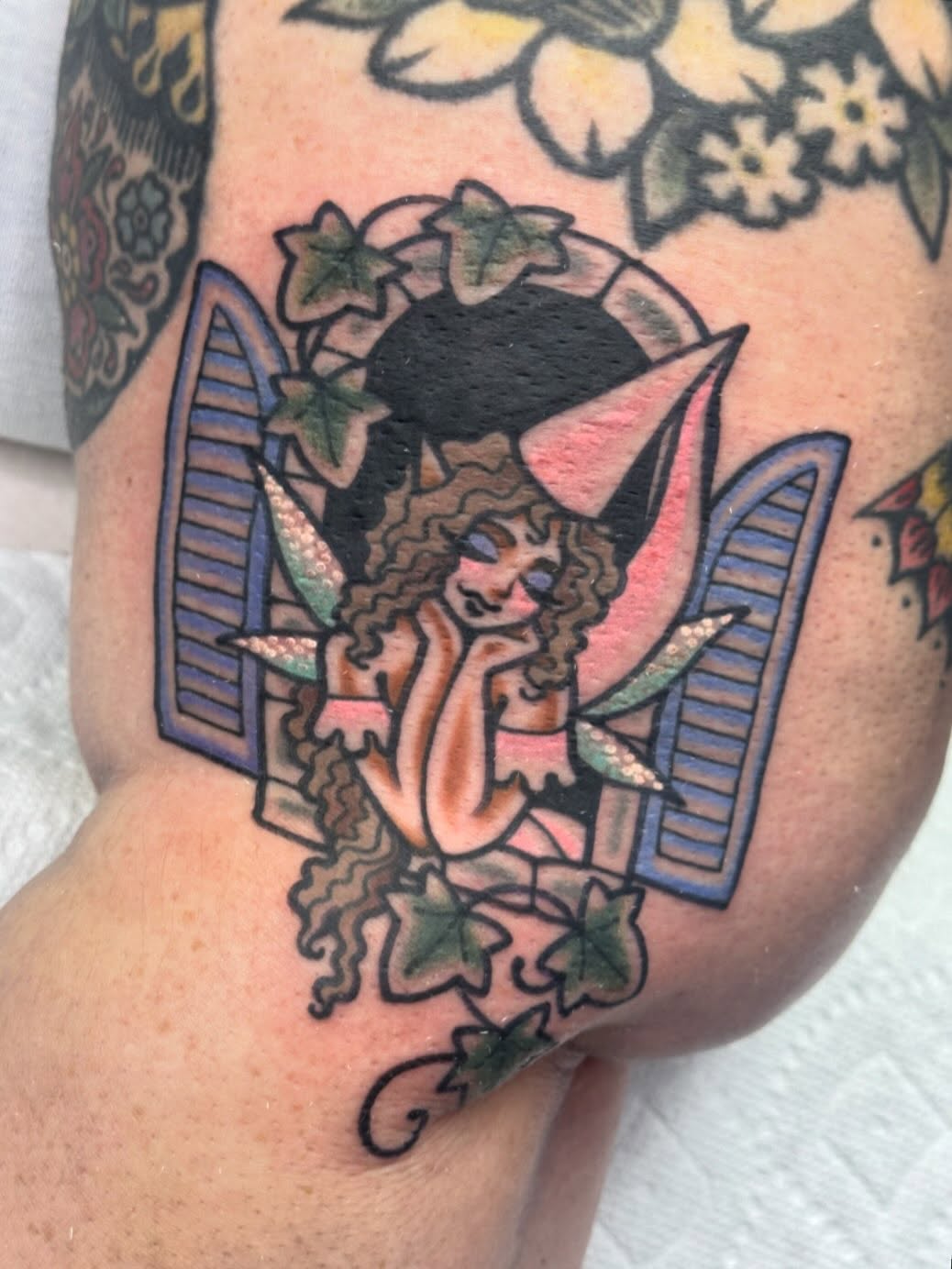 Fairy American traditional tattoo on the forearm by Ginny Marie Kalnasy