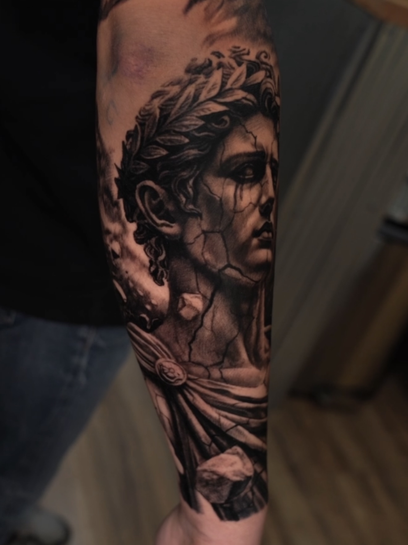 Statue bust realism tattoo on the forearm by Aaron, Milwaukee, Wisconsin