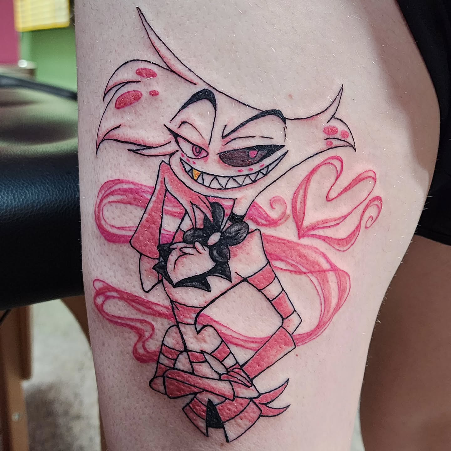 Cheshire cat anime tattoo on the thigh by K.F. Golden