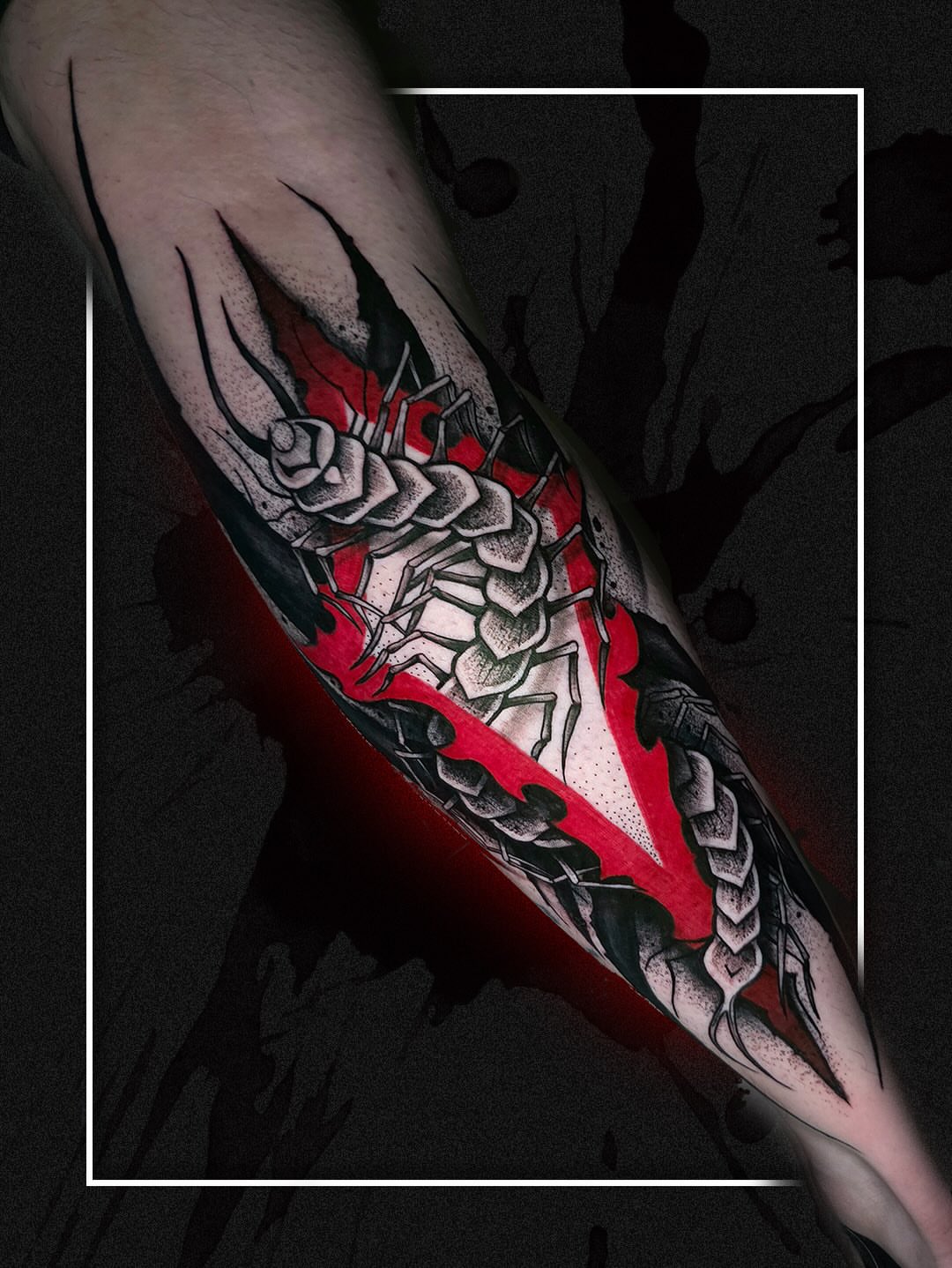 Centipede dotwork tattoo on the forearm by Kelsey Lorrae, Ankeny, Iowa
