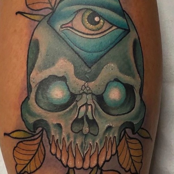 Skull with eye American traditional tattoo on the forearm by Derek Cilla, Bethlehem, Pennsylvania