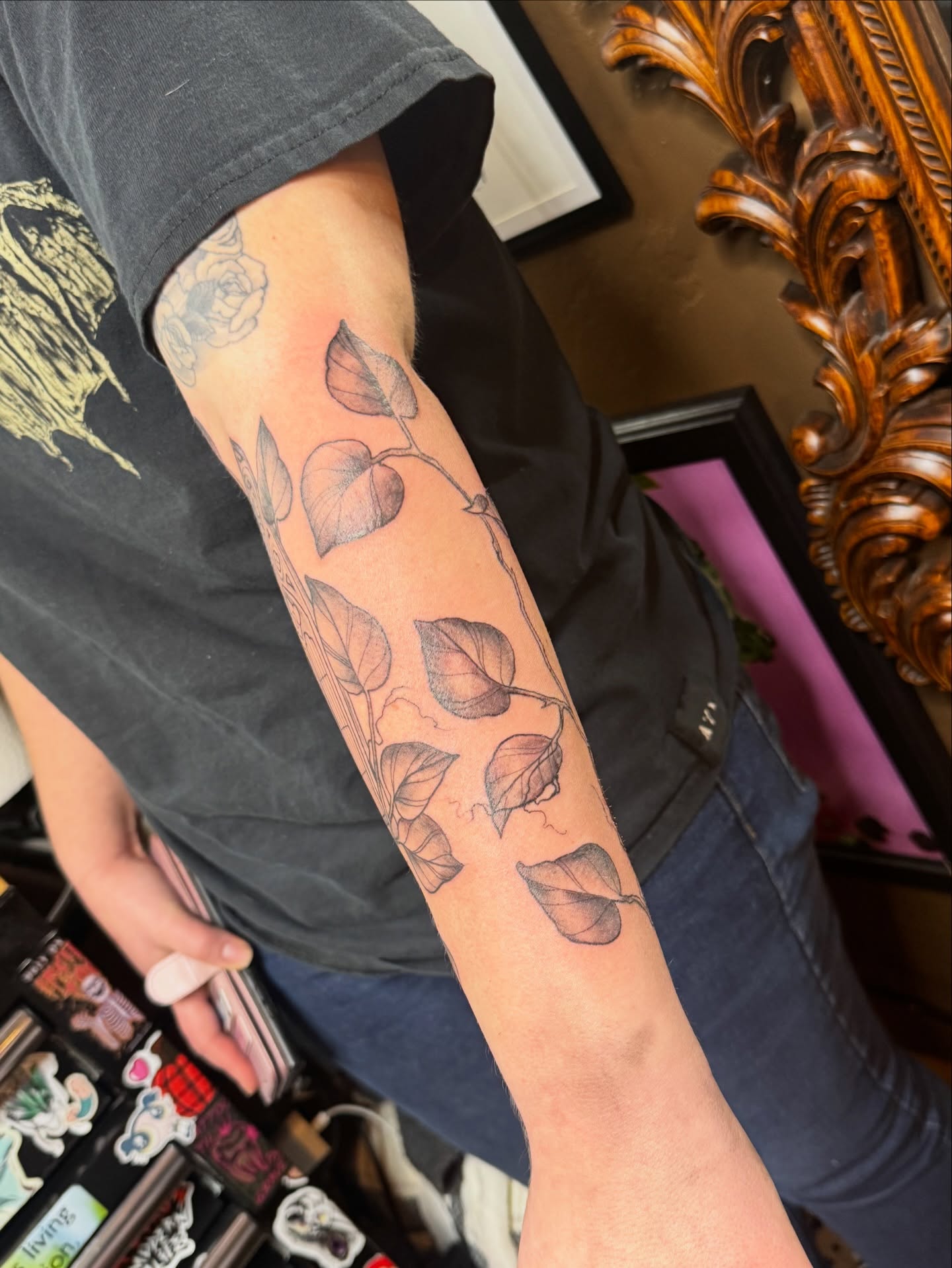 Leaf vine black and grey tattoo on the forearm by Teagan Rachel, Millcreek, Utah