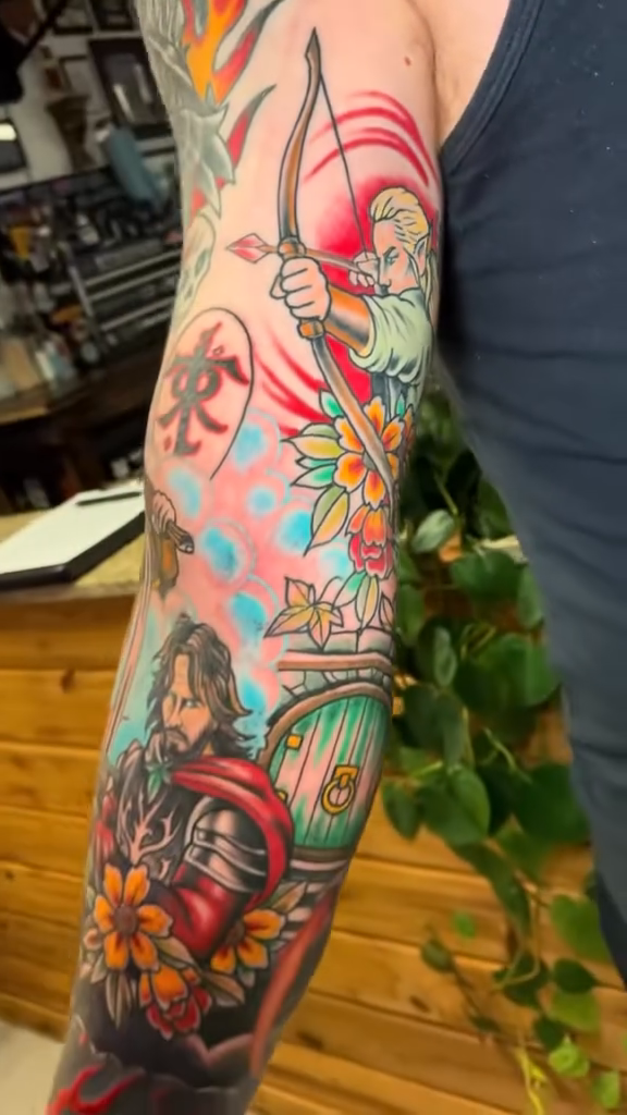 Lord of the Rings sleeve neo-traditional tattoo by Dev Z