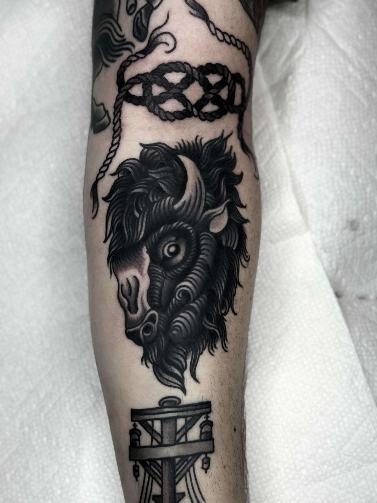Ram head black and grey tattoo on the forearm by Domanick Libretti, Nashville, Tennessee