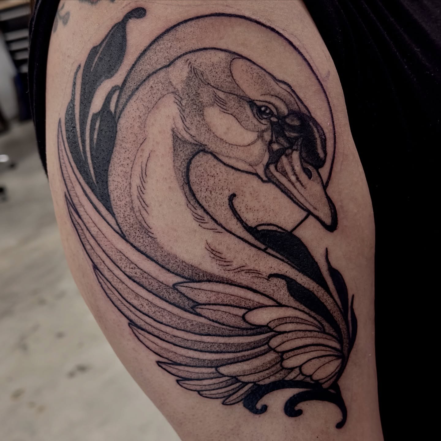Swan dotwork tattoo on the forearm by Christopher Layman
