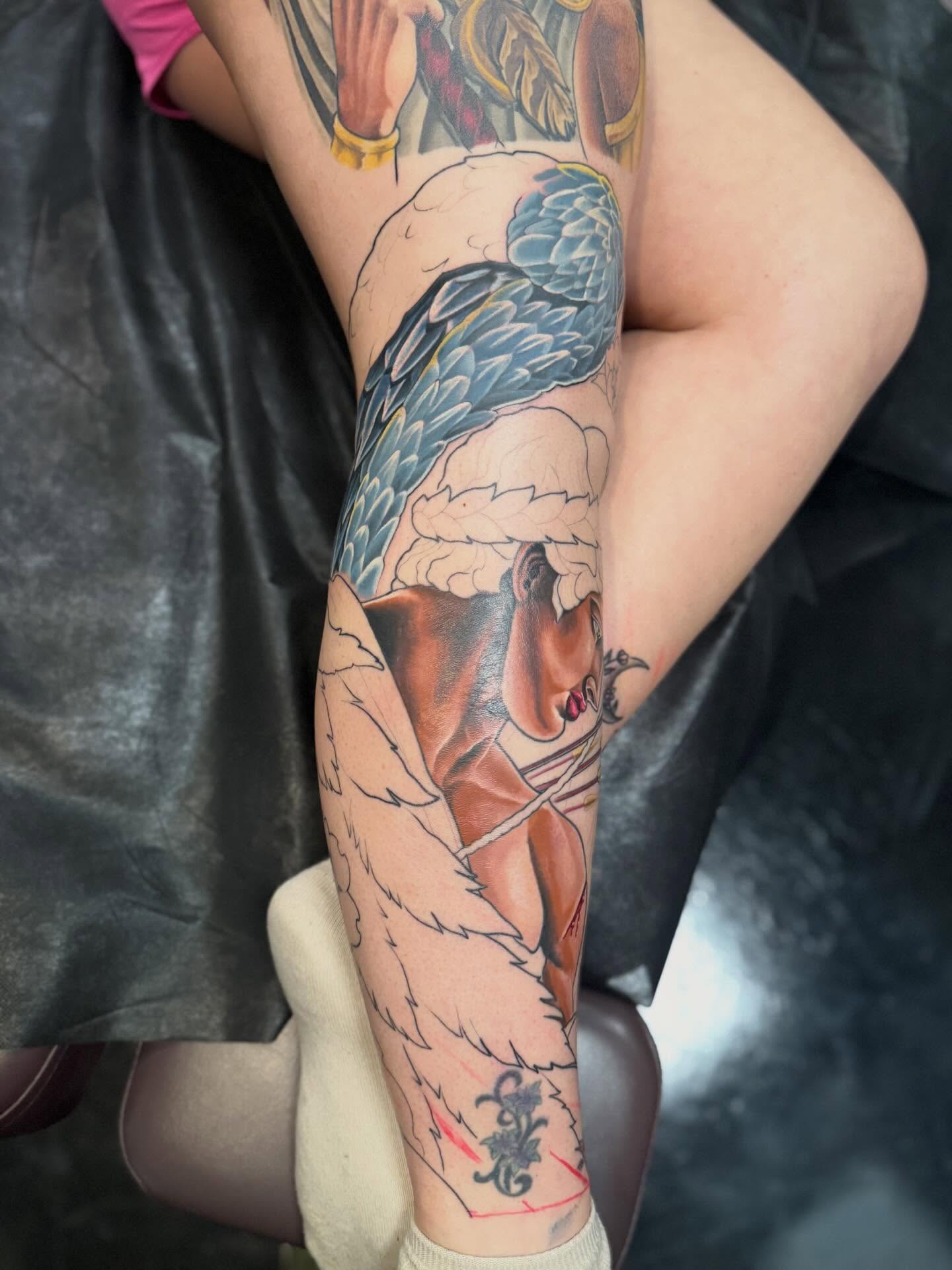Woman with wings American traditional tattoo on the leg by InkFloyd Roith