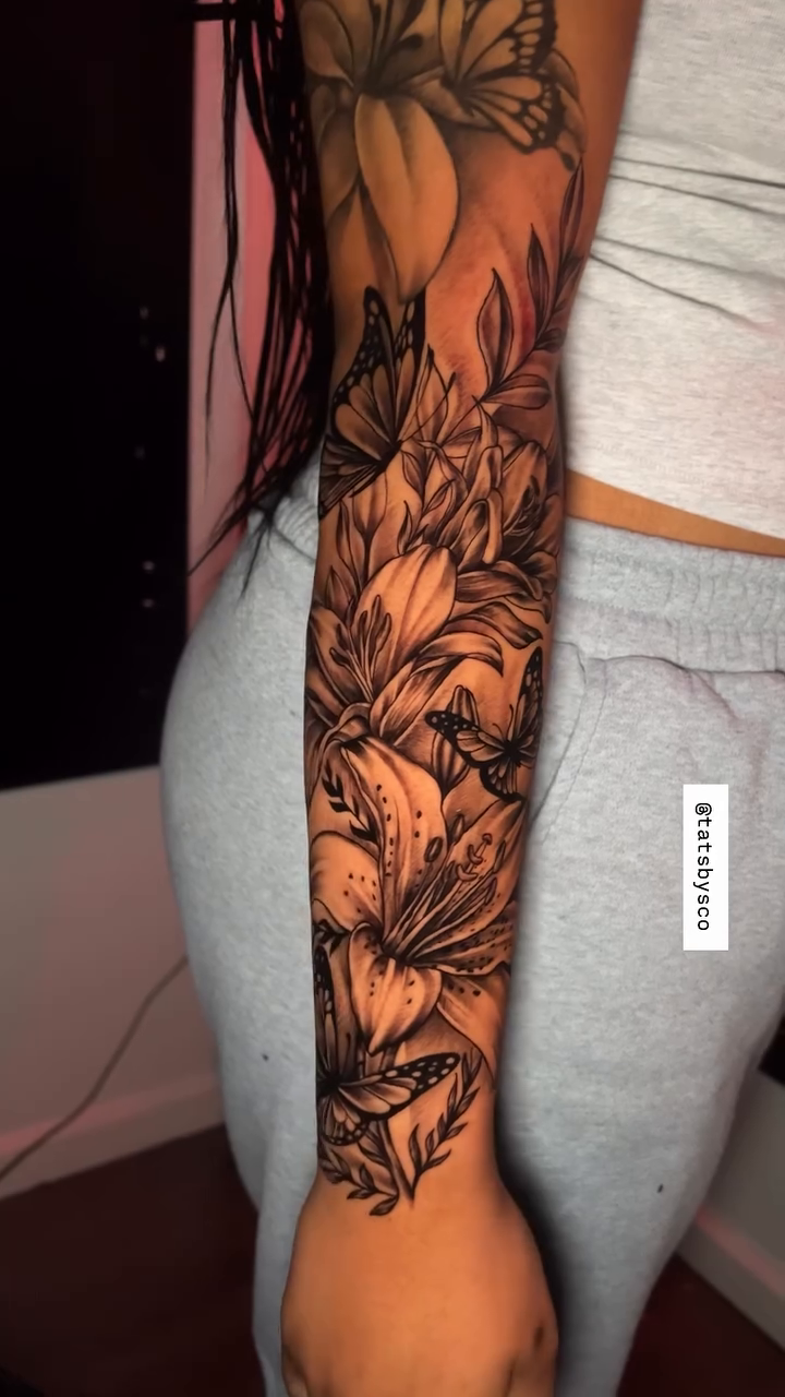 Floral sleeve with butterflies realism tattoo by Mr. 3 for $100 ✍🏽, Atlanta, Georgia