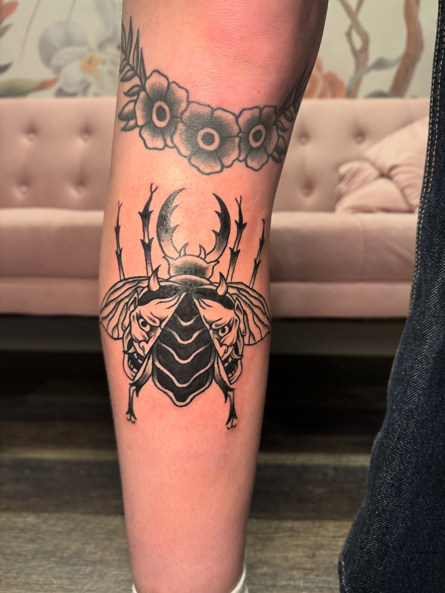 Stag beetle black and grey tattoo on the forearm by Kinzi Brown