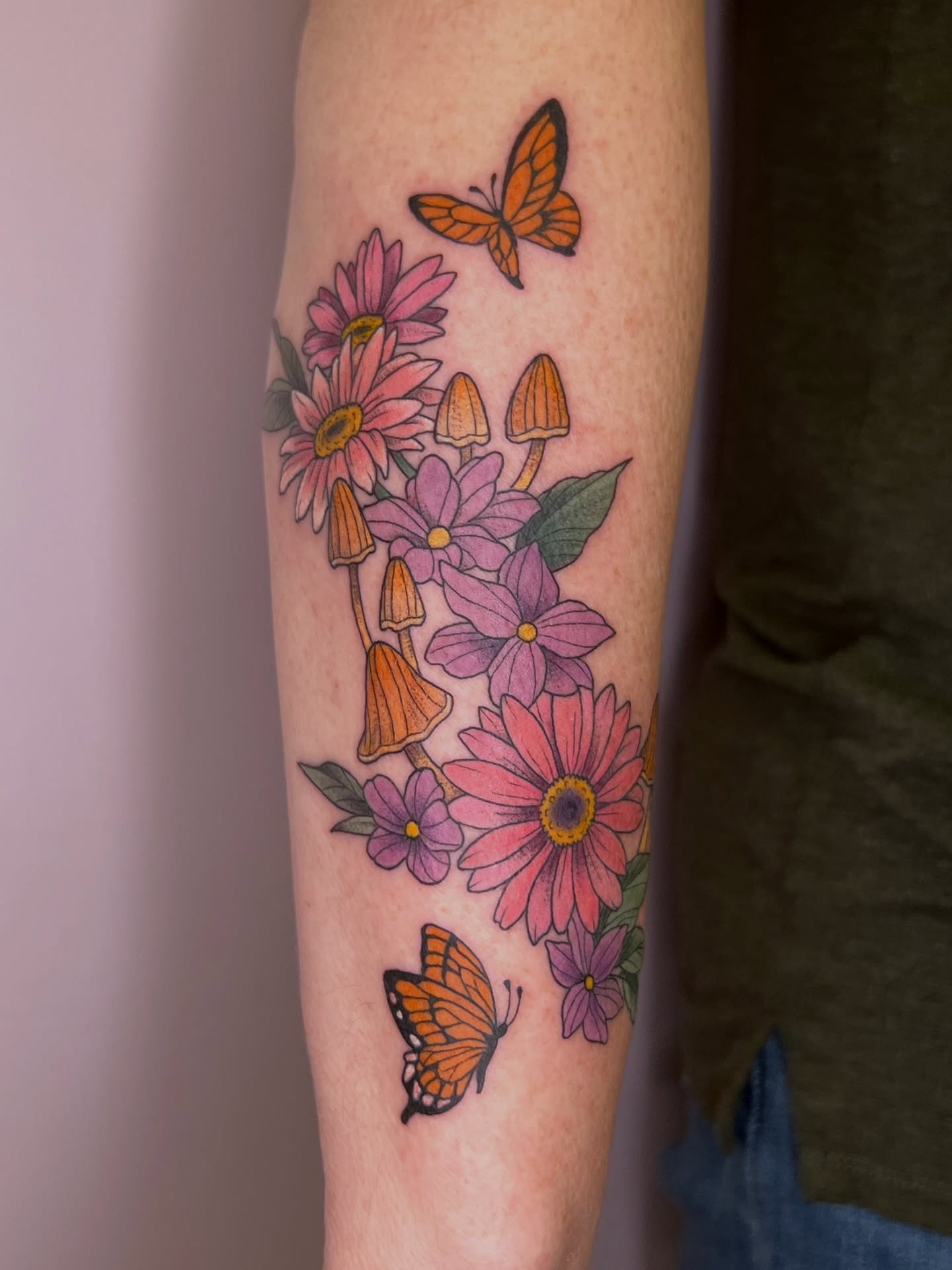 Flowers and butterflies new school tattoo on the forearm by Tattoos by Shashonna - Portland Tattoo Artist