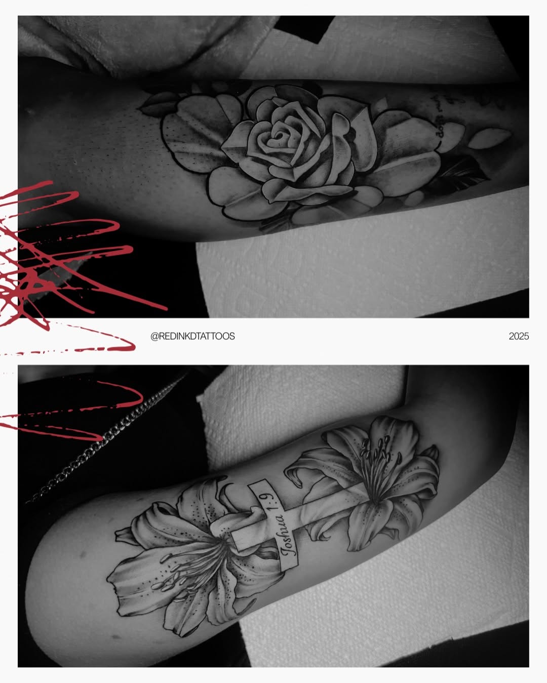 Rose and lilies with cross tattoo on the forearm by red, Charlotte, North Carolina