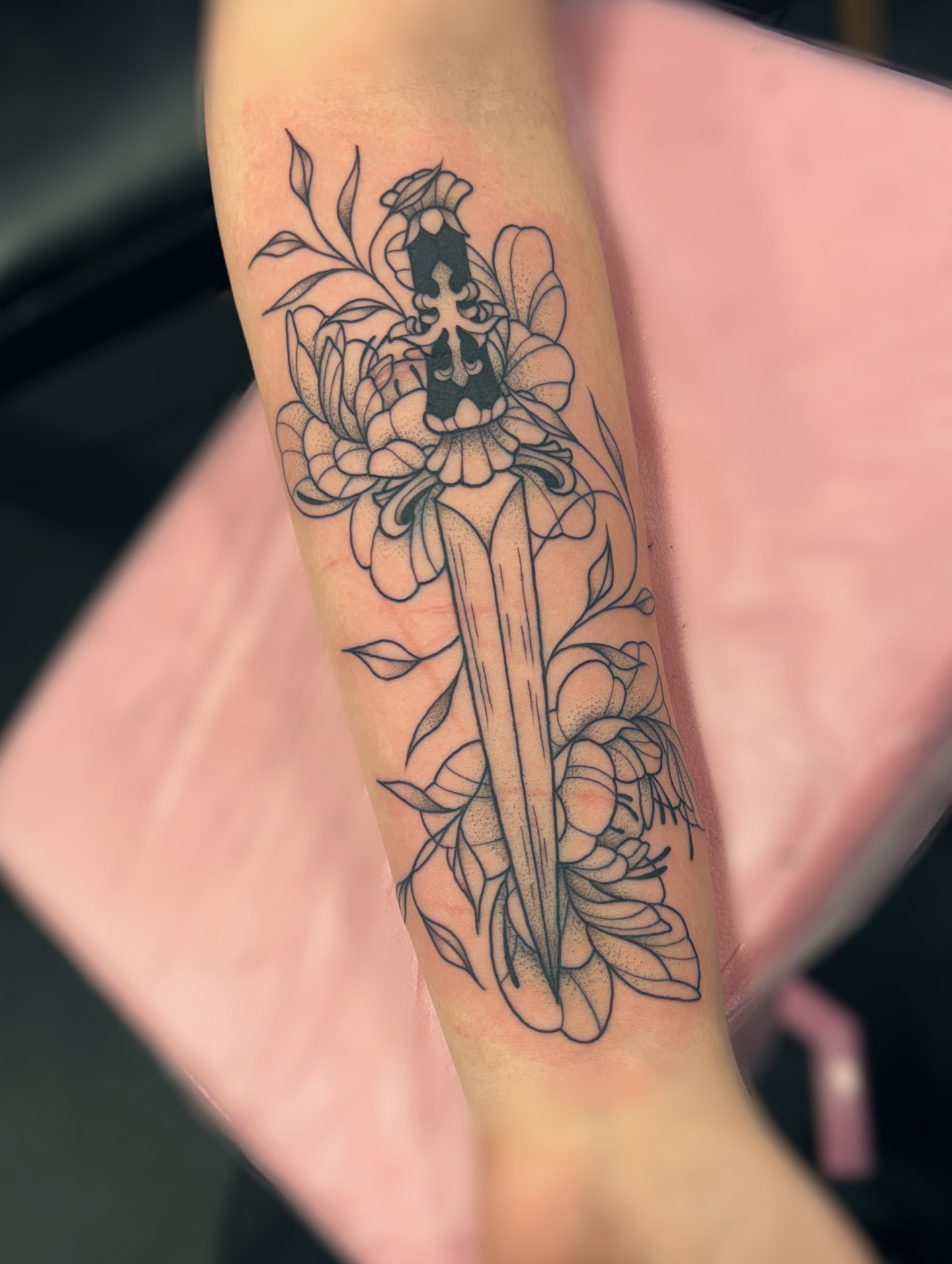 Floral sword black and grey tattoo on the forearm by ✿ sadie winter ✿