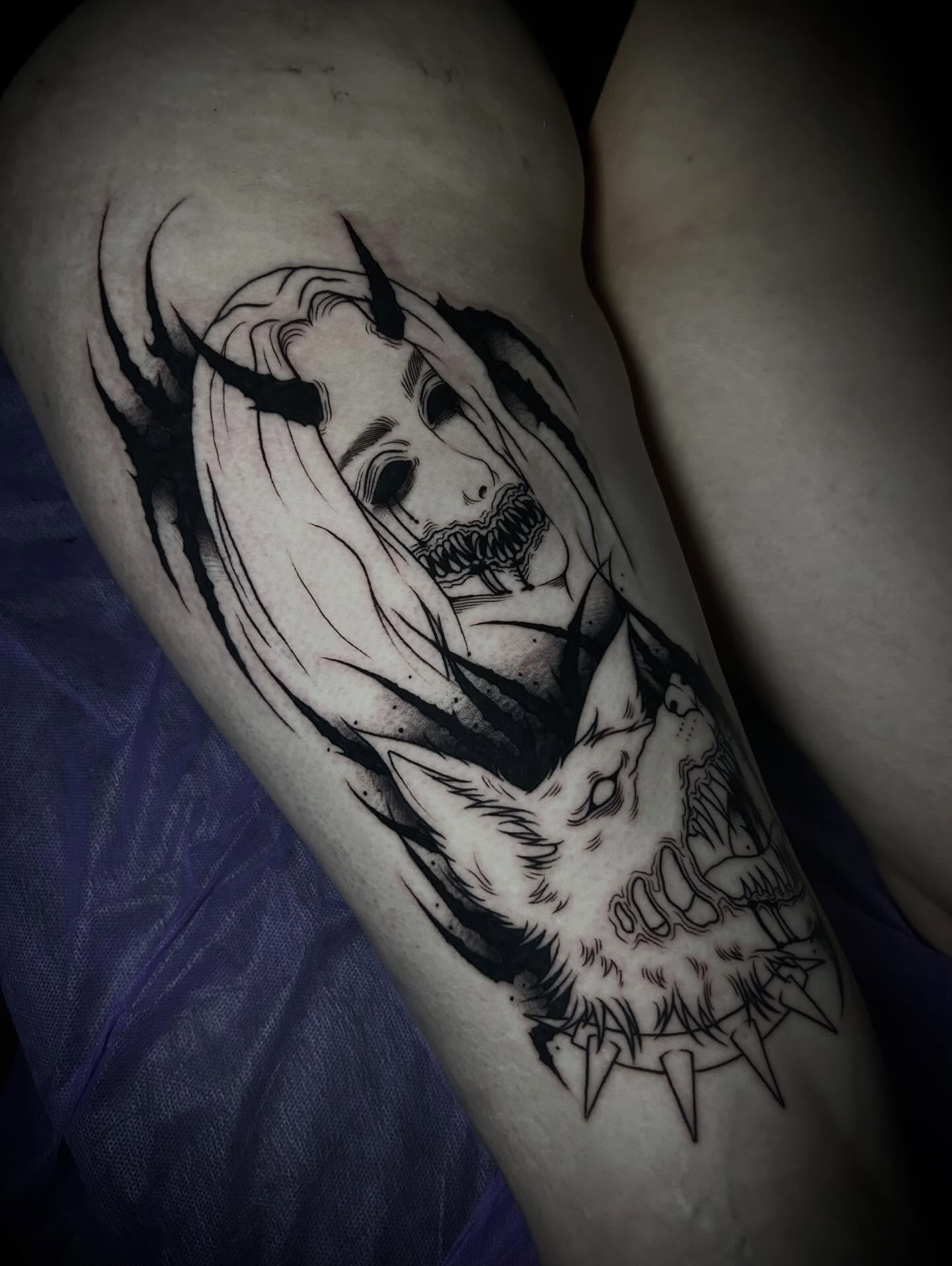 Woman and wolf dark realism tattoo on the forearm by Heaven Arianna