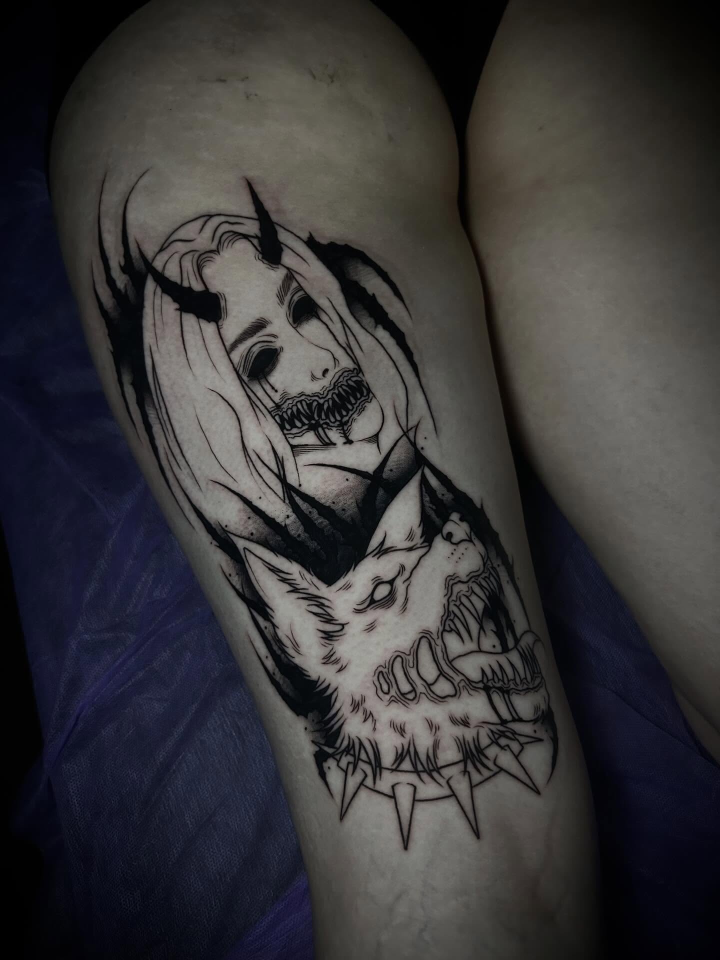 Demon and woman dark realism tattoo on the forearm by Heaven Arianna