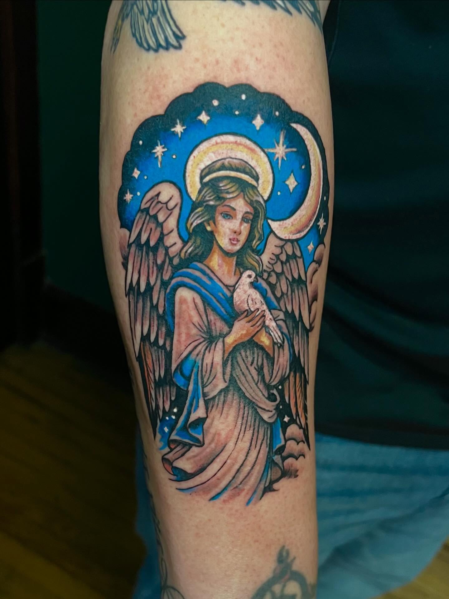 Angel with dove American traditional tattoo on the forearm by Lenny Paul - Ohio Tattoo Artist, Canton, Ohio
