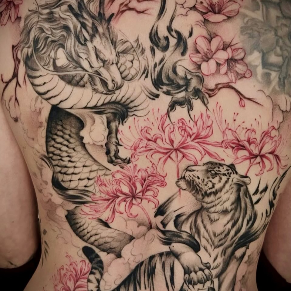 Dragon and tiger japanese irezumi tattoo on the back by Jonny Tattoo PHX AZ