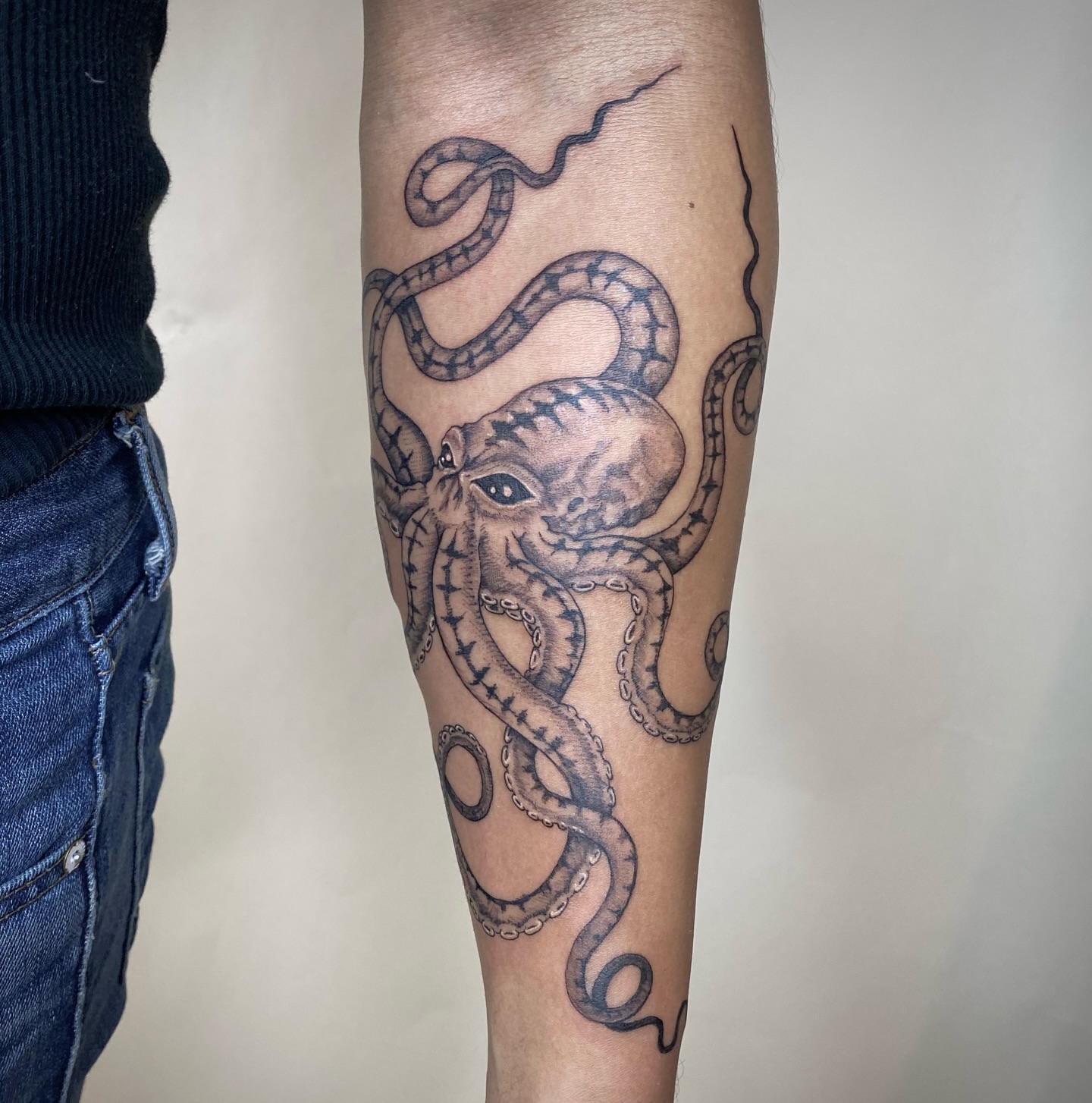 Octopus realism tattoo on the forearm by Carmen Figueroa, New York, New York