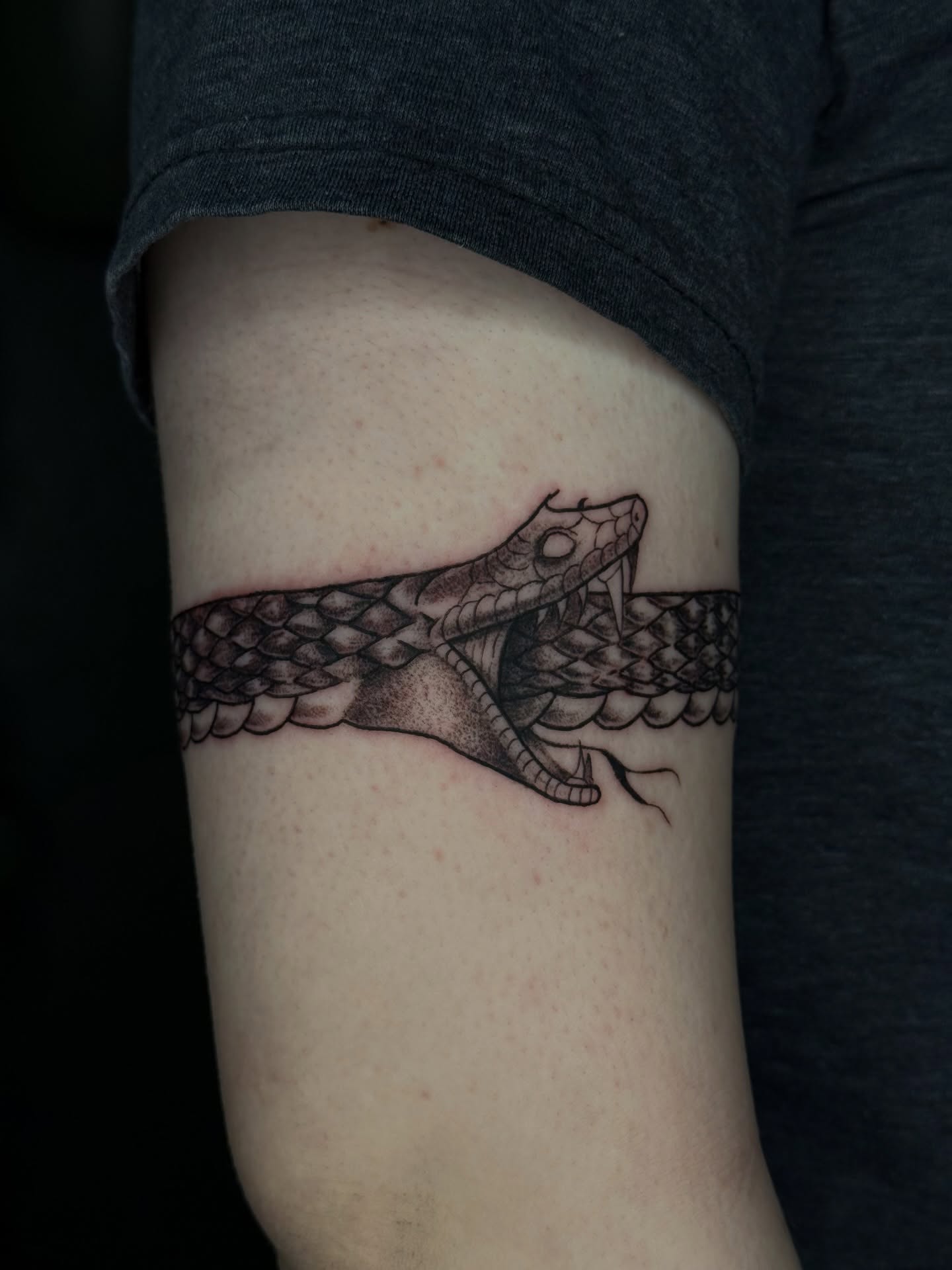 Snake black and grey tattoo on the forearm by šianca٠࣪ā