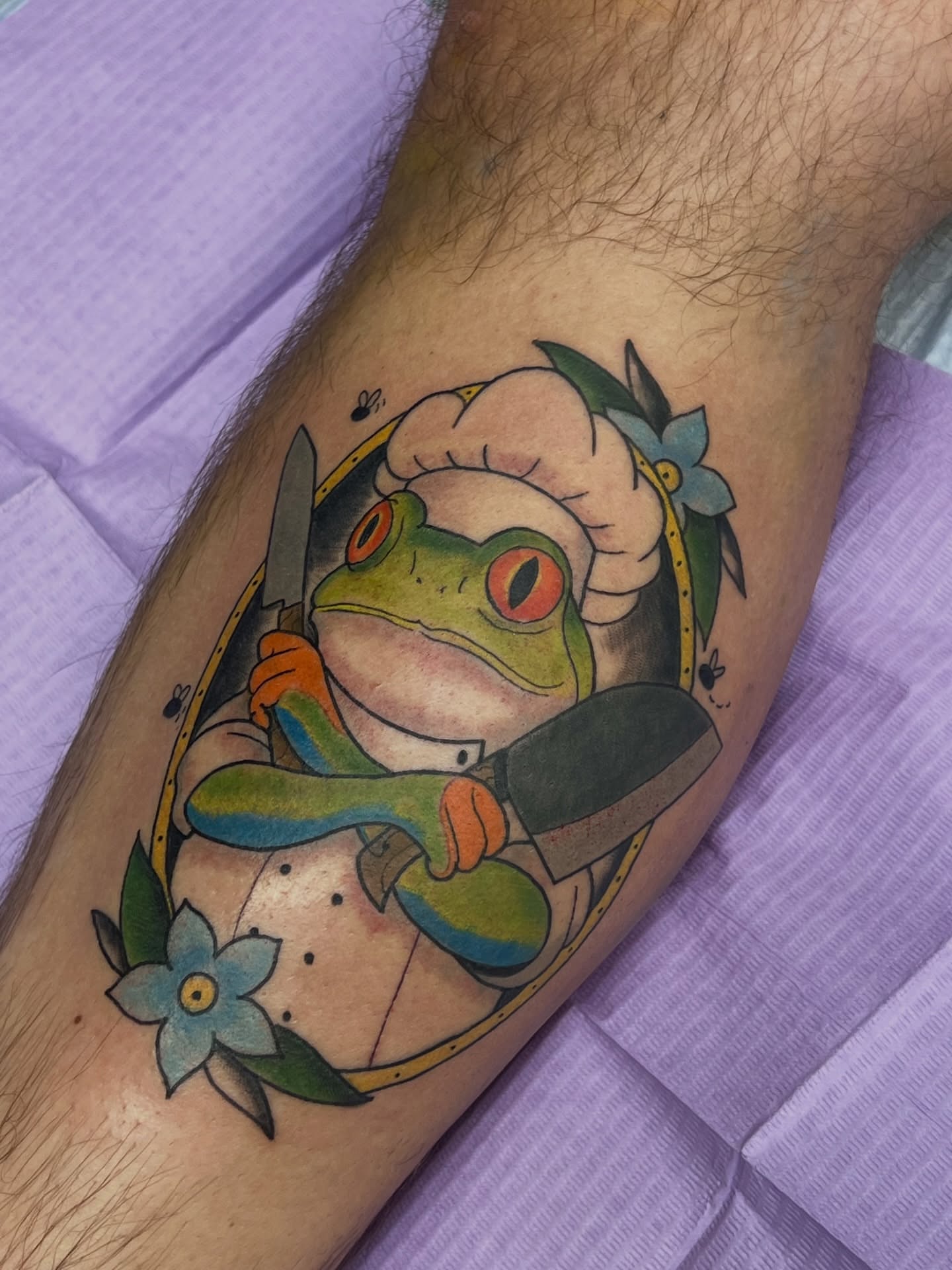 Chef frog new school tattoo on the forearm by Leslie Paskoff