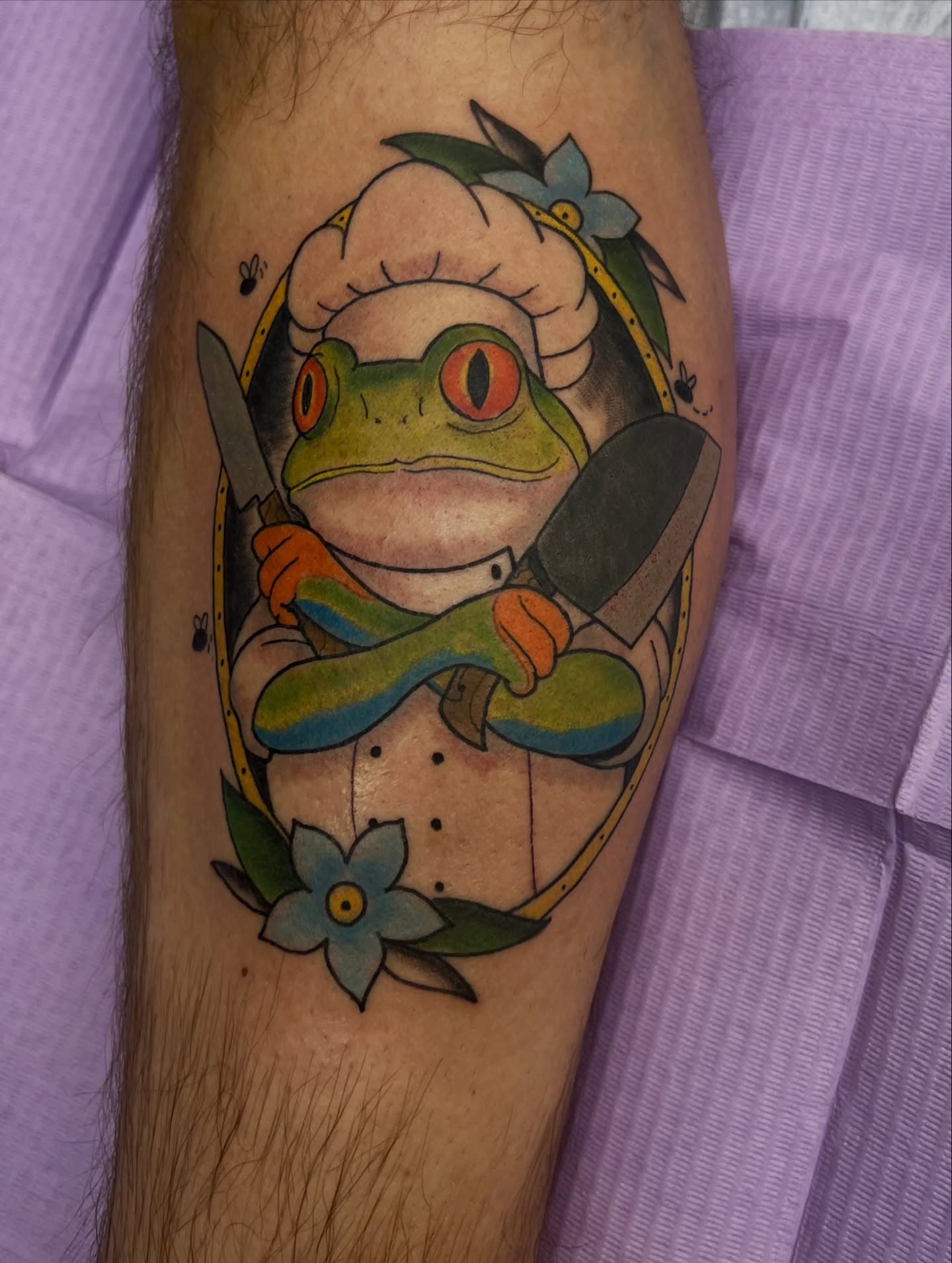 Frog chef new school tattoo on the forearm by Leslie Paskoff