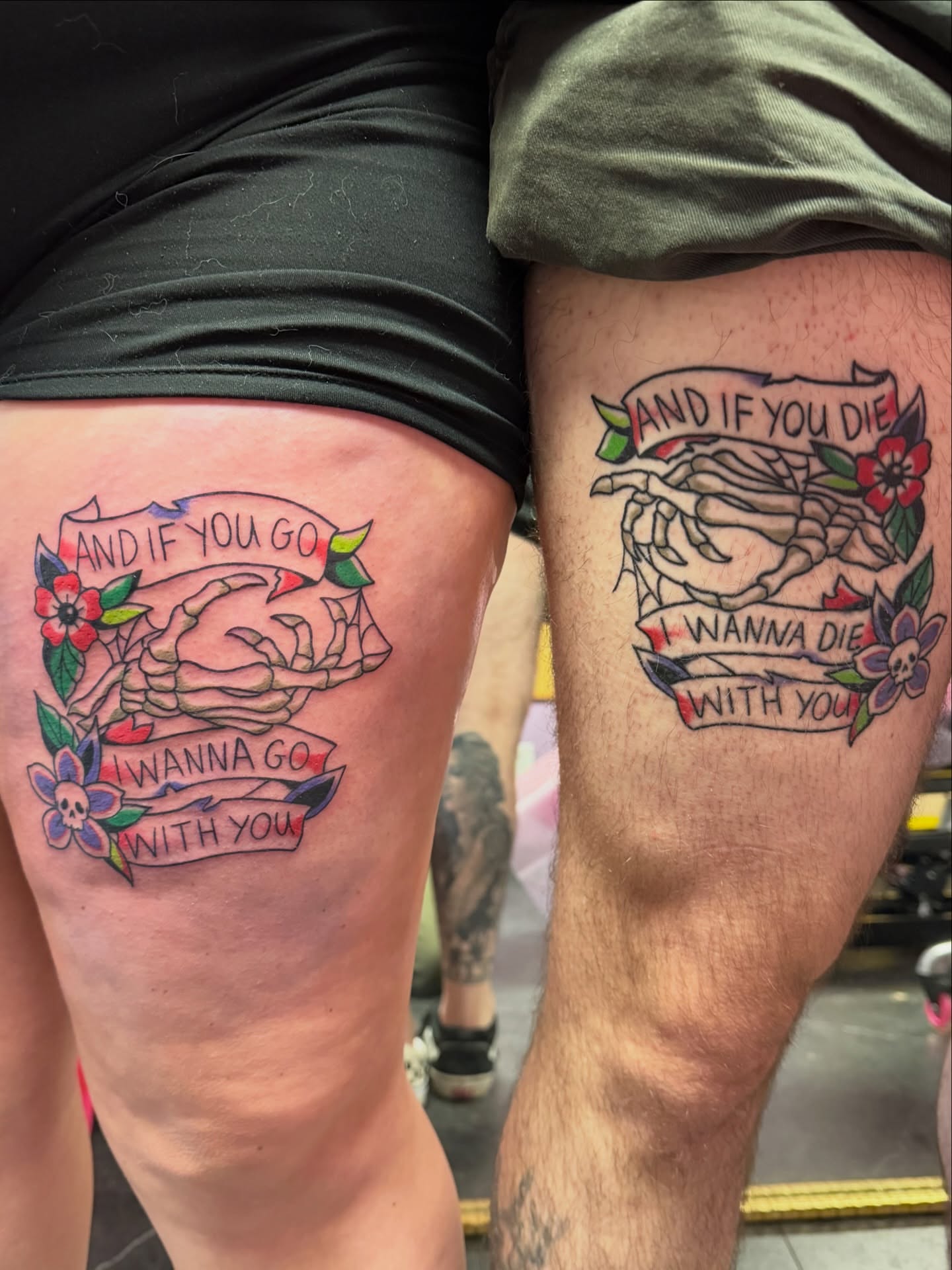 Crab and floral banner American traditional tattoo on the thigh by ✨Jen Lochbihler✨, Dickson, Tennessee