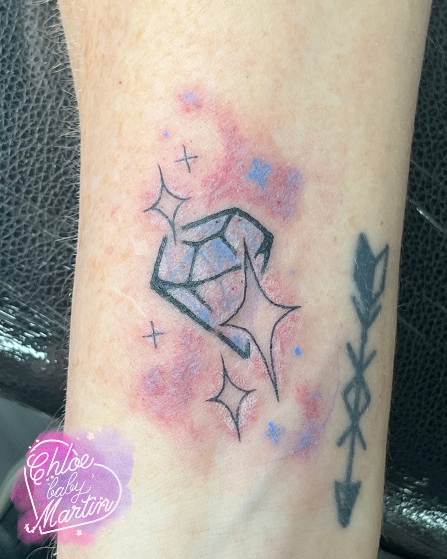 Gemstone and stars geometric tattoo on the forearm by Chloe ‘baby’ Martin