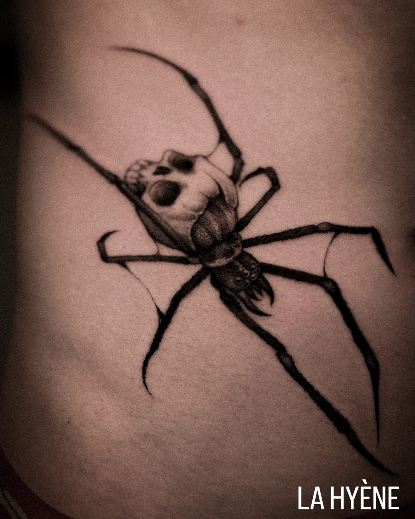 Spider black and grey tattoo on the forearm by La Hyene