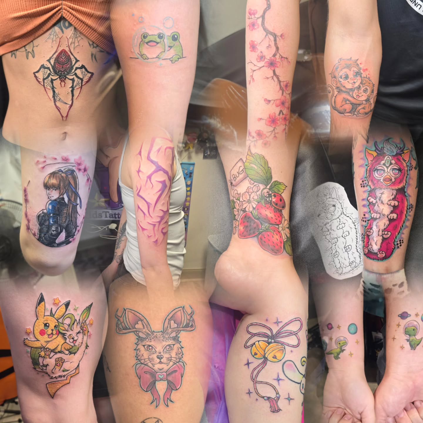 Various cartoon characters new school tattoo on the forearm by Val Sanchez