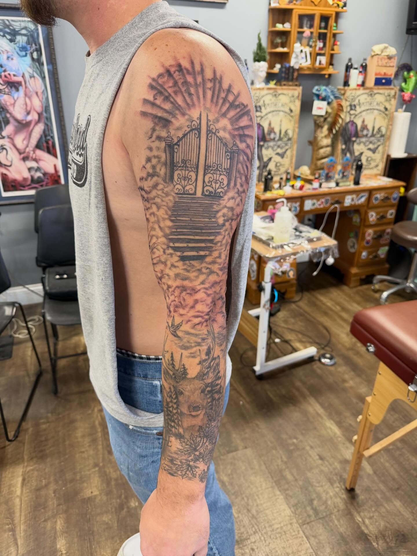 Staircase and gate realism tattoo on the forearm by Hope Powell, Vancouver, Washington