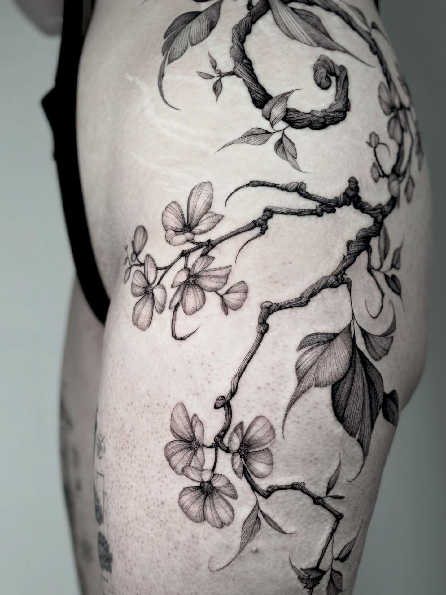 Cherry blossoms dotwork tattoo on the thigh by Brittney Naami, San Francisco, California