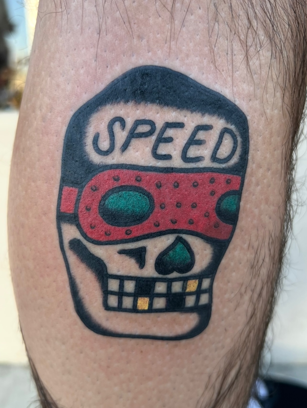 Speed skull Chicano tattoo on the thigh by Like A Horse Corral