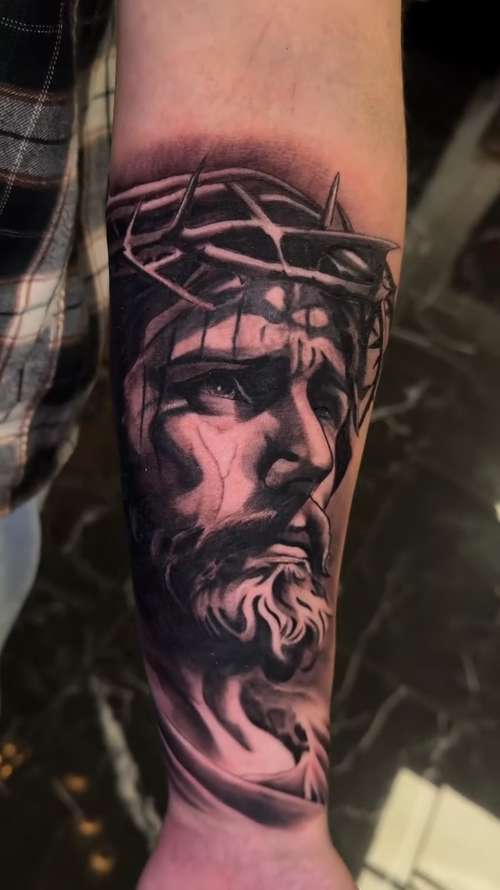 Jesus Christ portrait realism tattoo by Danny Aceves ✨ San Diego tattoo artist