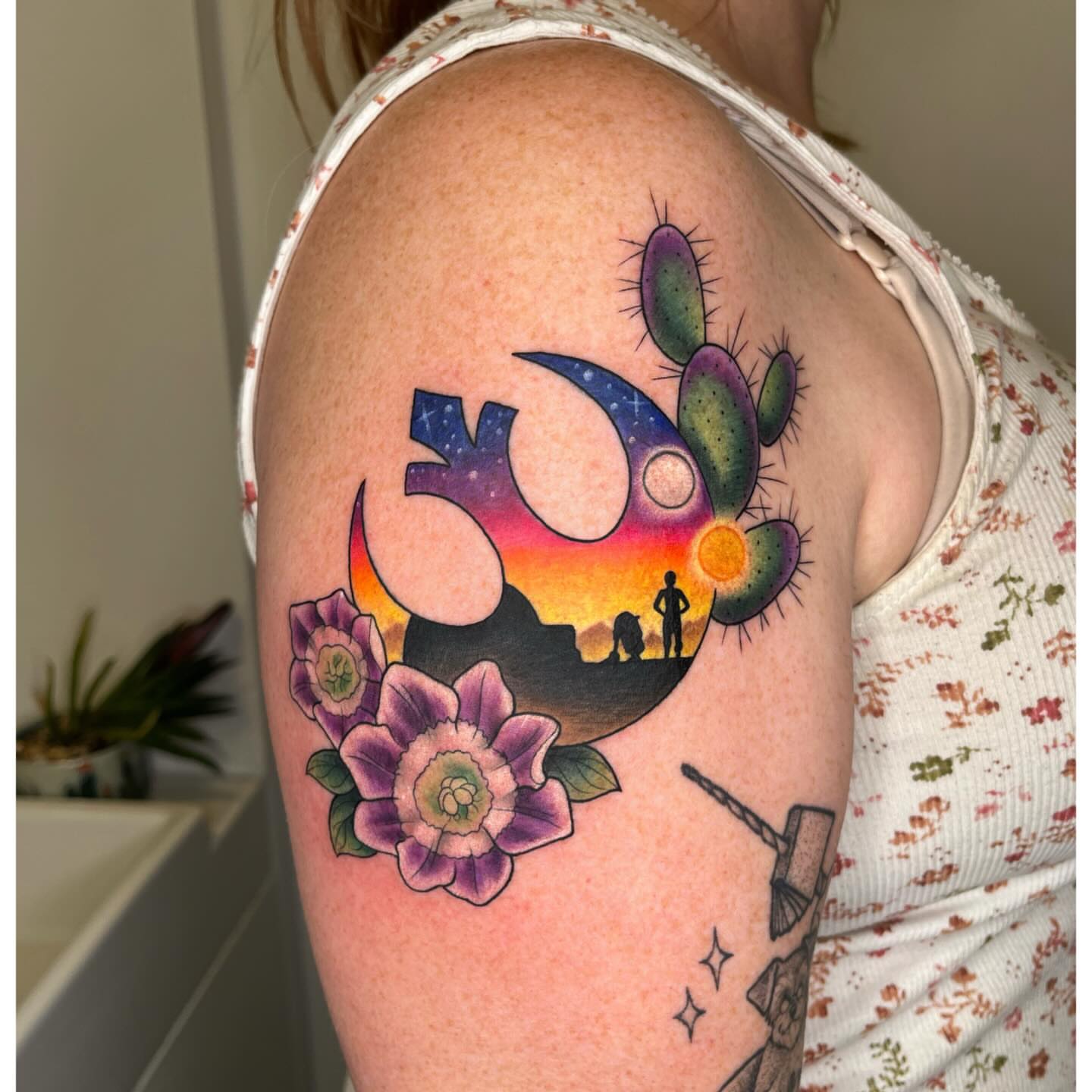 Desert landscape dotwork tattoo on the shoulder by Emi Collison