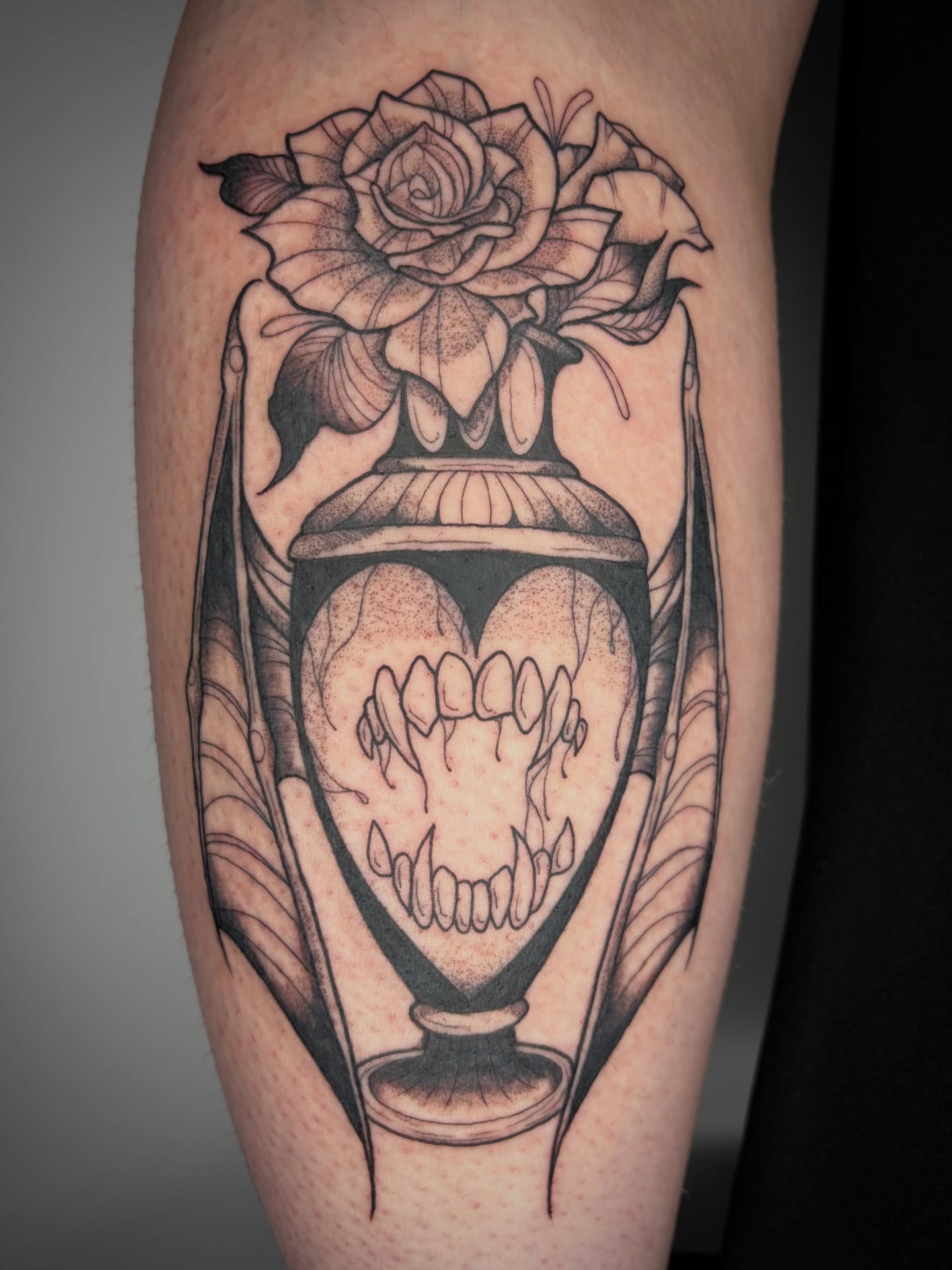 Tattoo by @poppyoliviatattoo — dotwork, black_and_grey