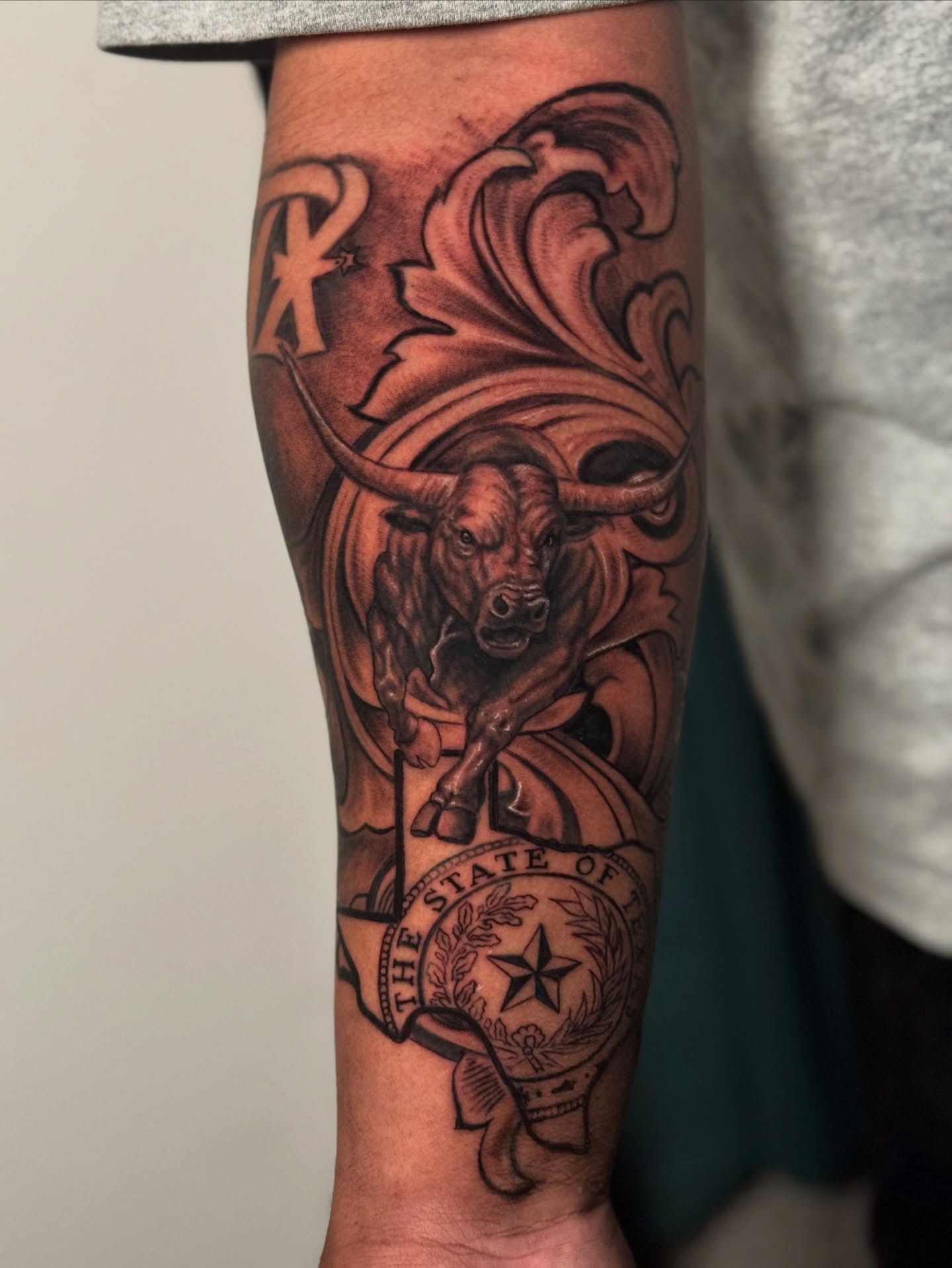Longhorn bull realism tattoo on the forearm by Dallas Tattoo Artist