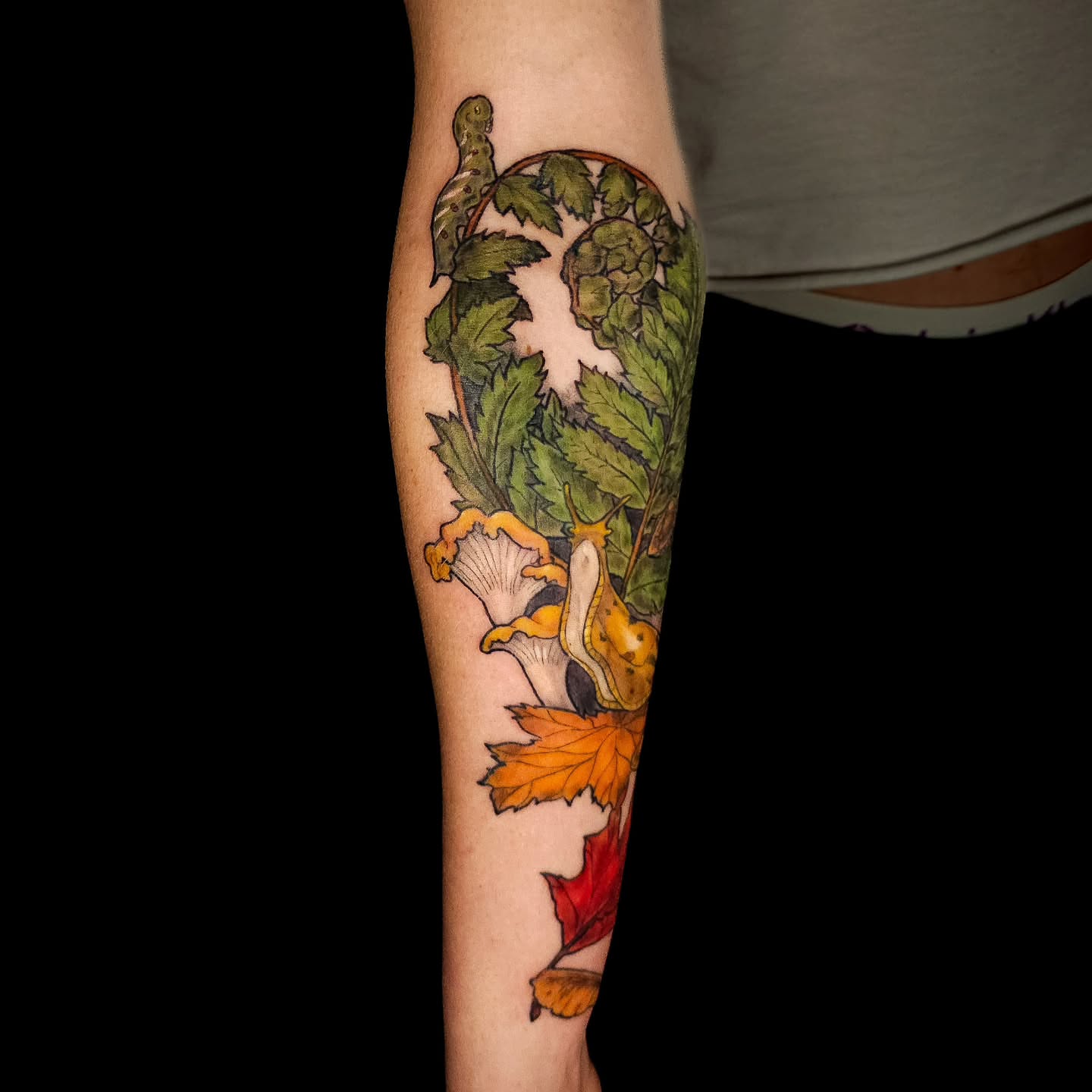 Mushrooms and leaves realism tattoo on the forearm by Eva the Tattoo Fartist in Seattle, WA, Seattle, Washington