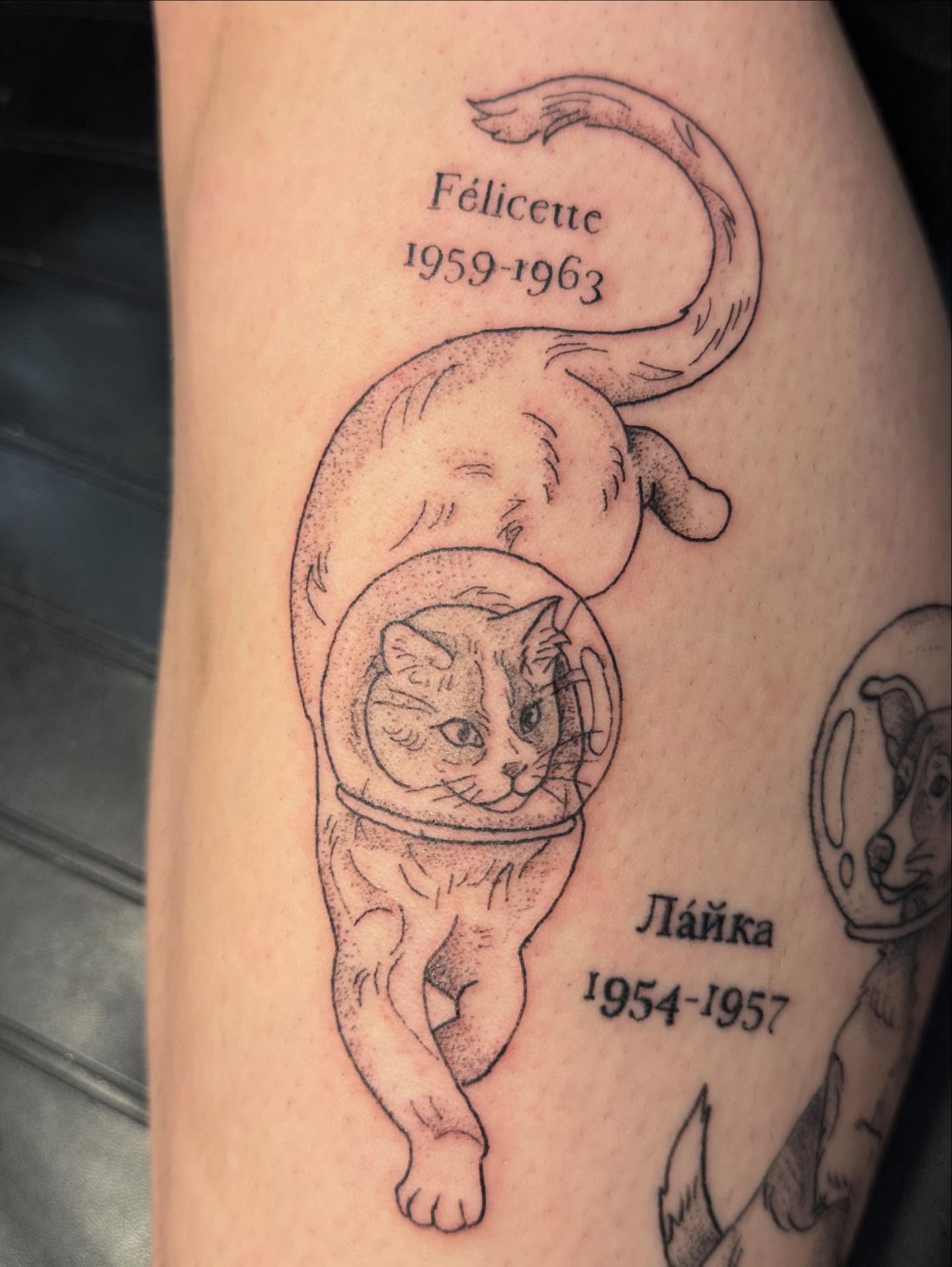 Space cat dotwork tattoo on the forearm by goose 🪿