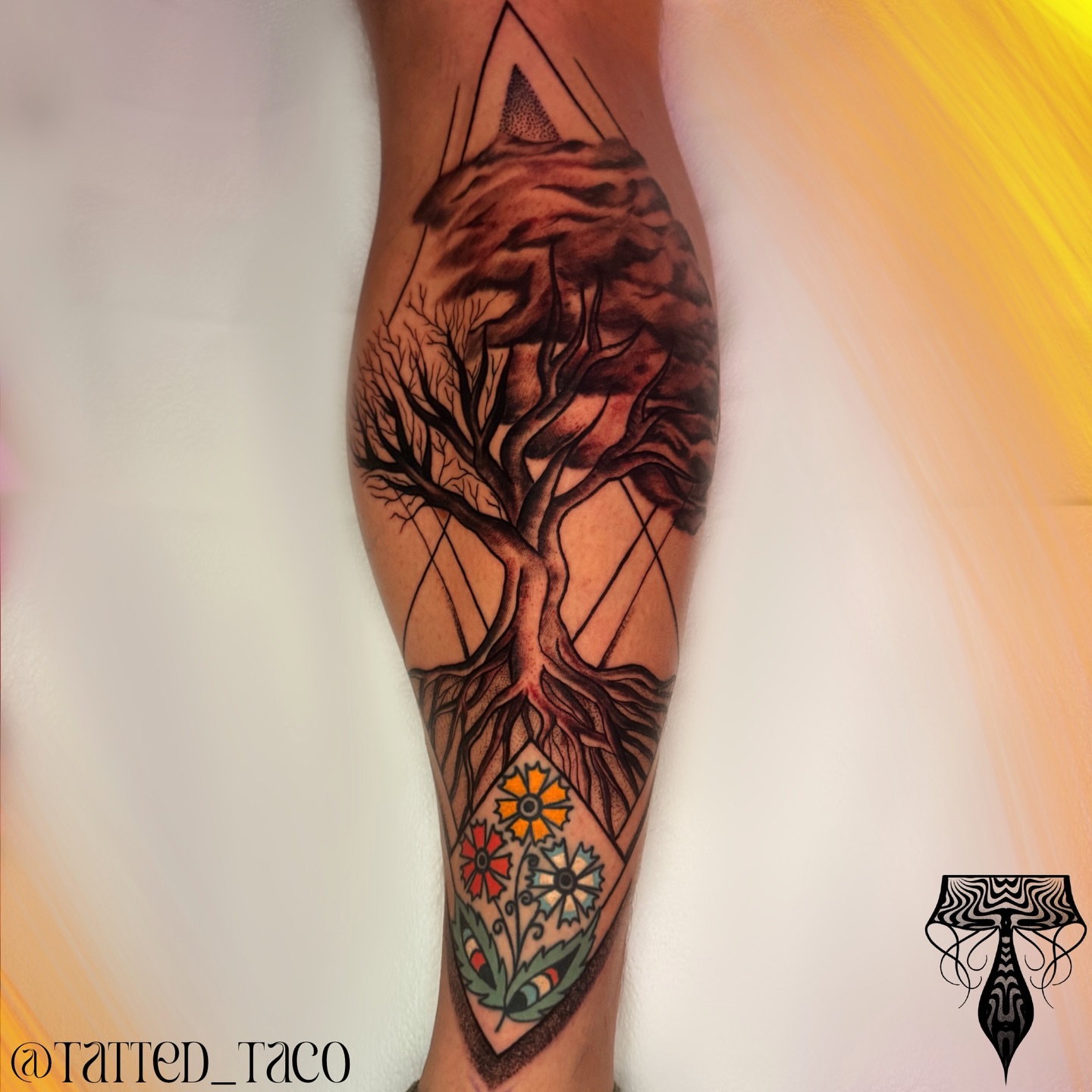 Tree with flowers dotwork tattoo on the forearm by Ray Arce๐