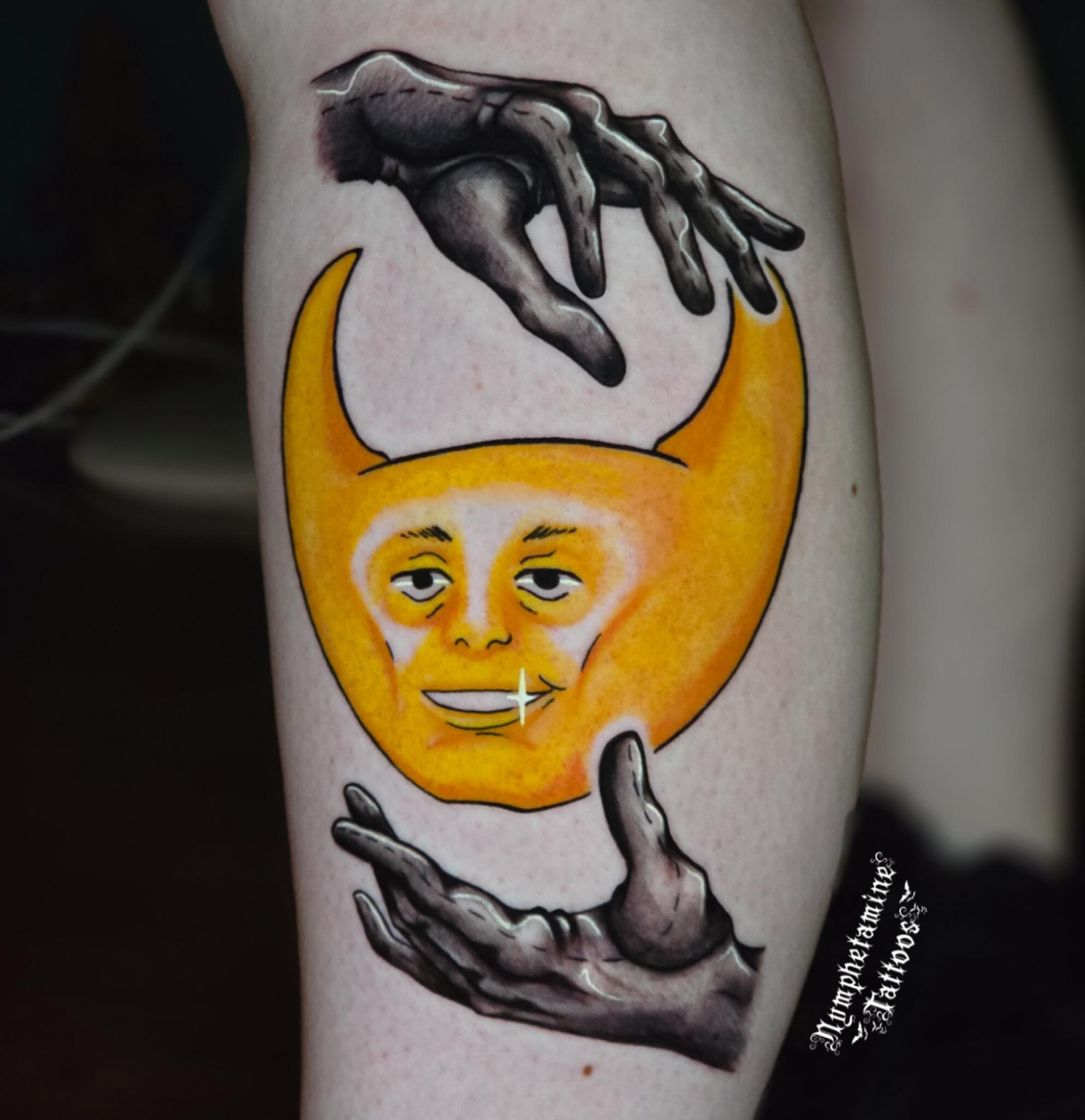 Moon face realism tattoo on the forearm by ๐ธ๐๐๐๐๐๐๐๐