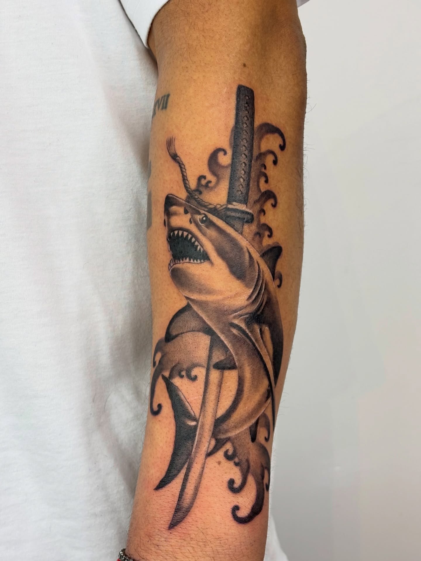 Shark with sword American traditional tattoo on the forearm by Dani