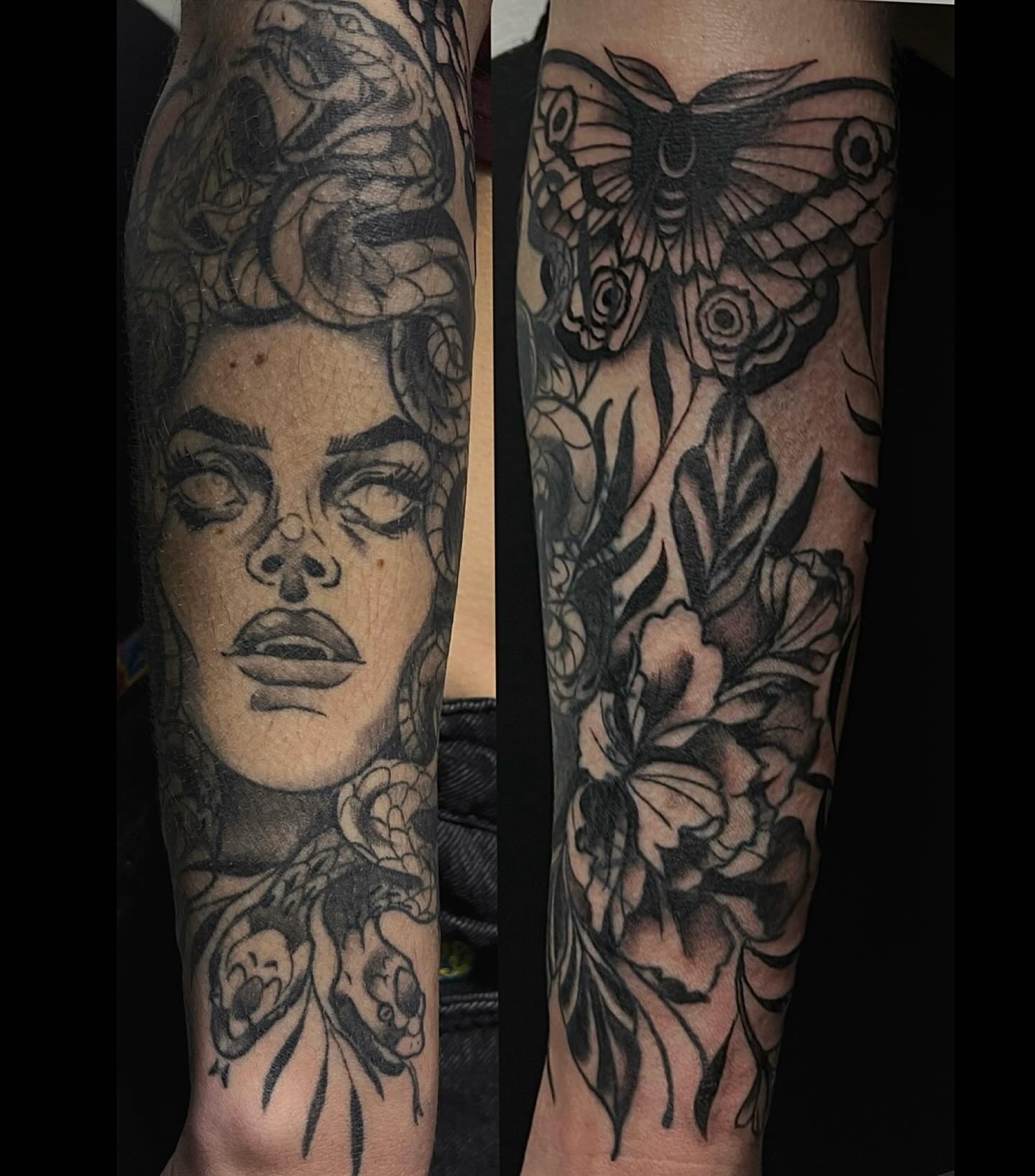 Woman with snakes and flowers American traditional tattoo on the forearm by ᴴᴬᴺᴺᴬᴴ ᴿᵁᴰᴰᴱᴸᴸ