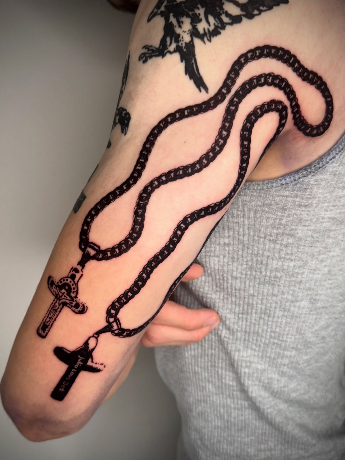 Rosary black and grey tattoo on the forearm by 𝔠𝔲𝔯𝔱𝔦𝔰 ~ tattoo artist