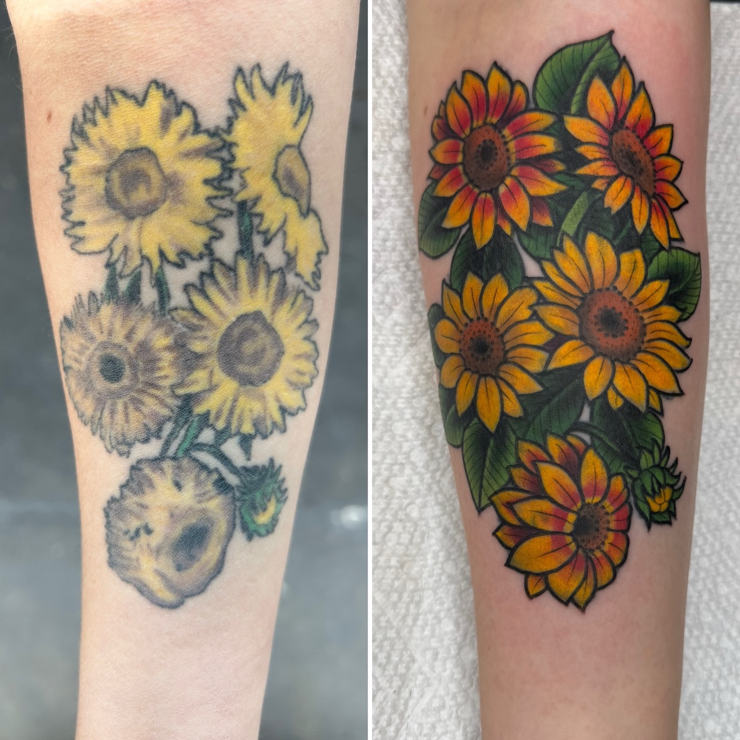 Sunflowers new school tattoo on the forearm by Anna Wall
