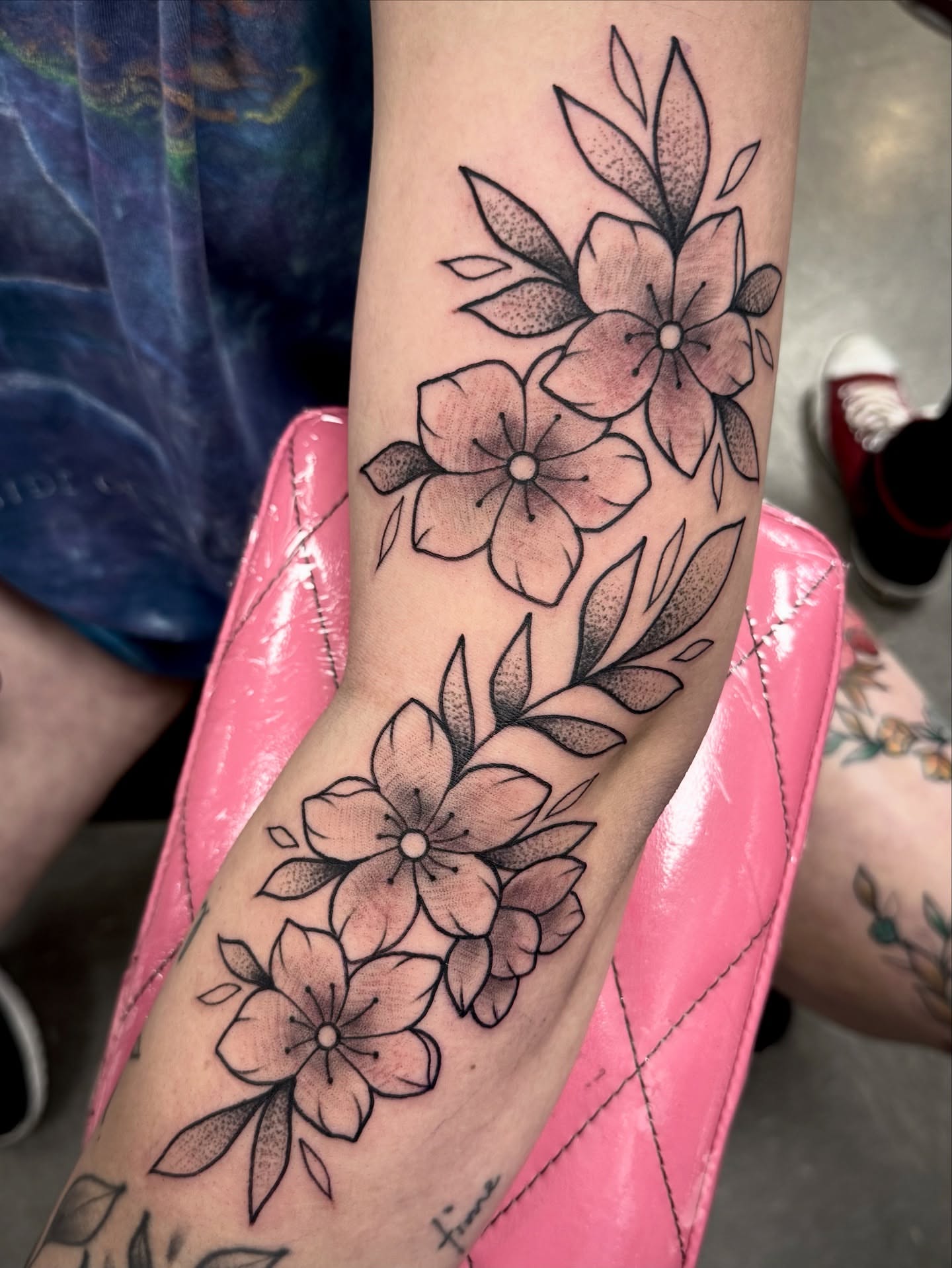 Flowers dotwork tattoo on the forearm by Samantha Jane