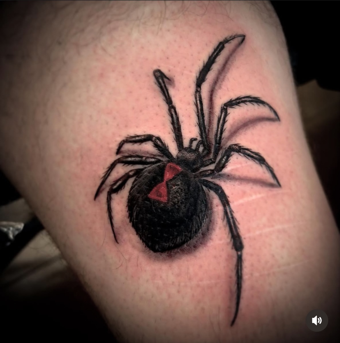 Spider black and grey tattoo on the thigh by Caitlin Curtis Tattoos & Booking, Dayton, Ohio