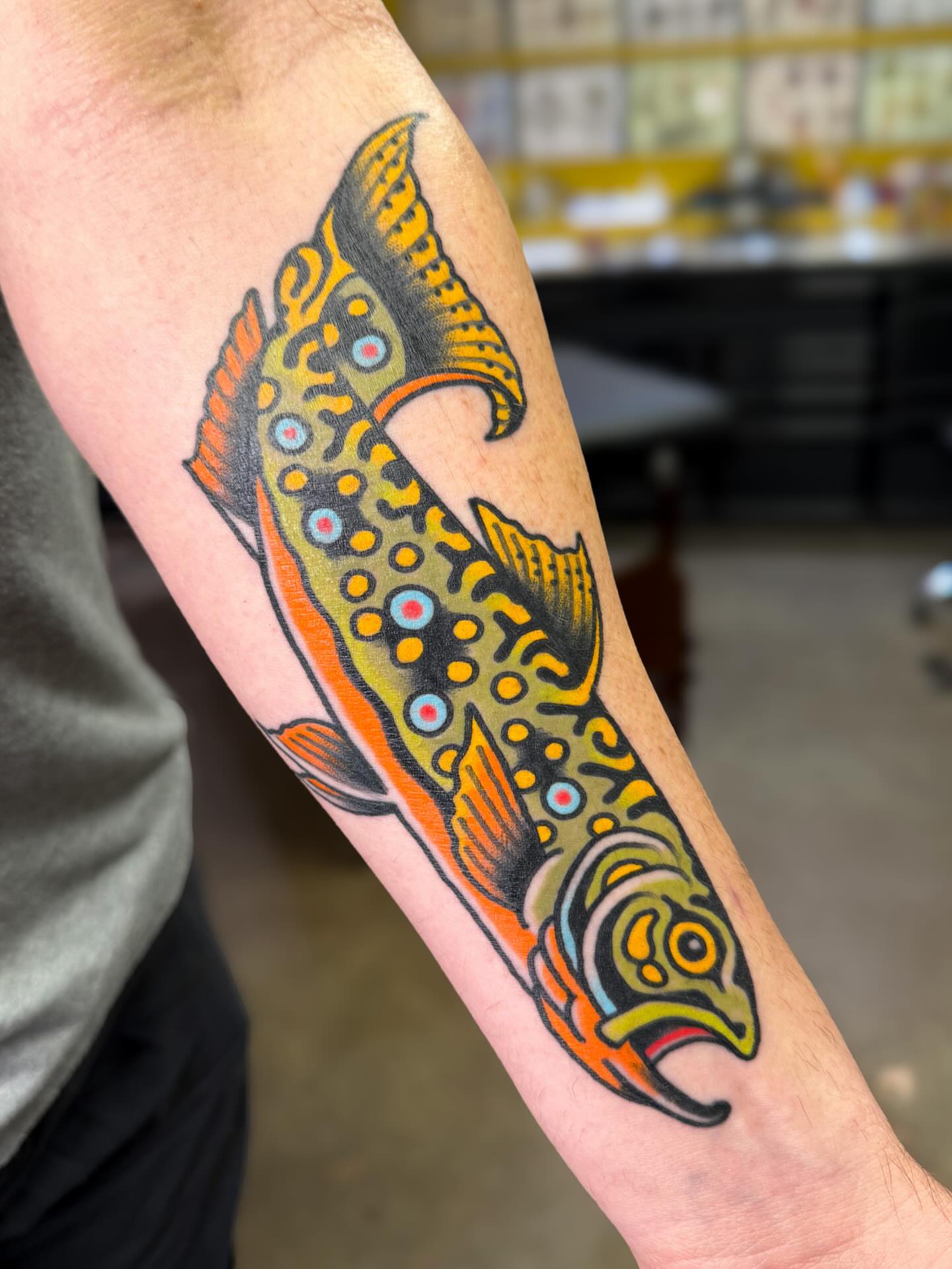 Trout American traditional tattoo on the forearm by Danny Reed, Asheville, North Carolina