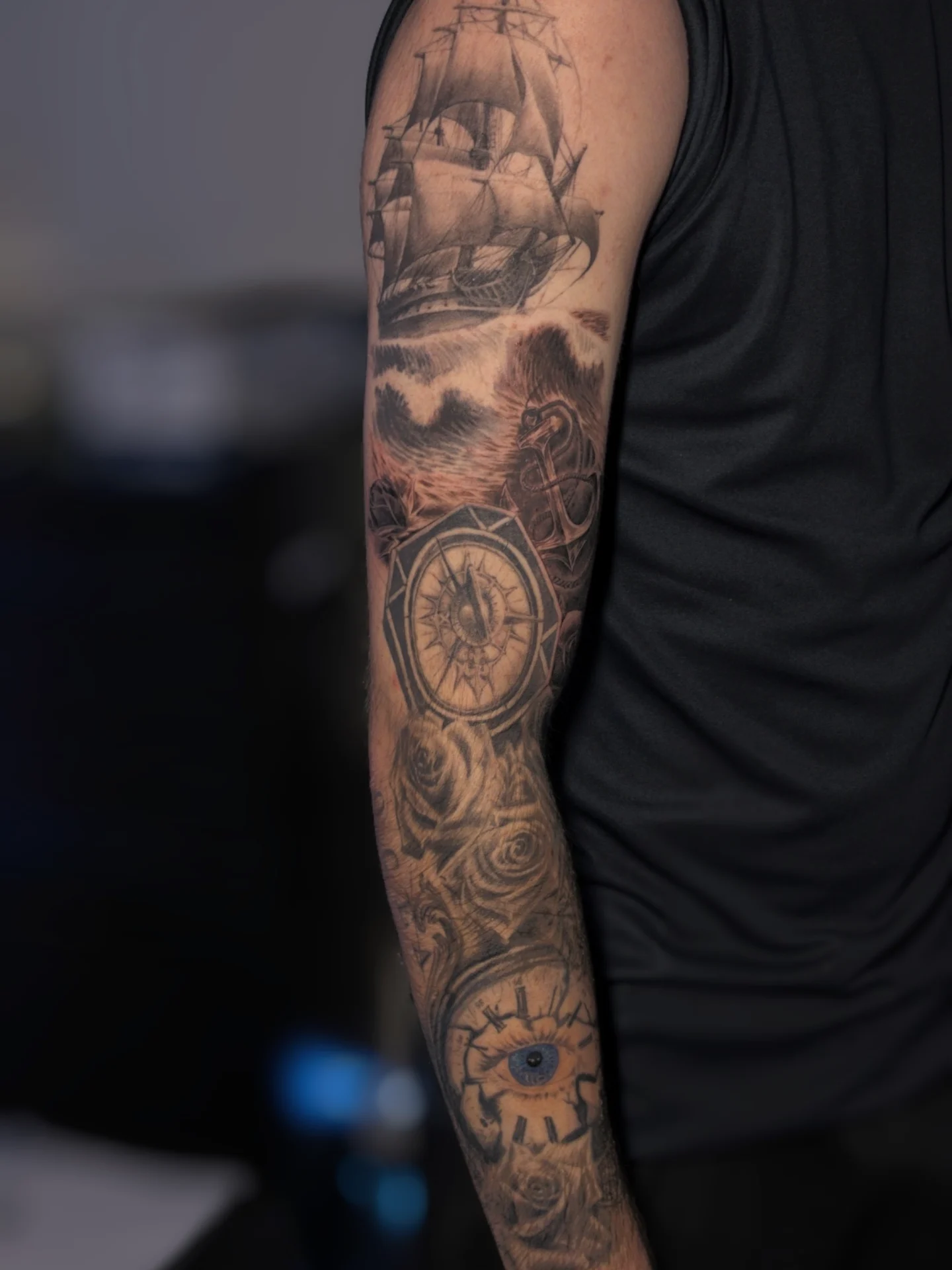 Ship and compass realism tattoo on the forearm by Bek Artz