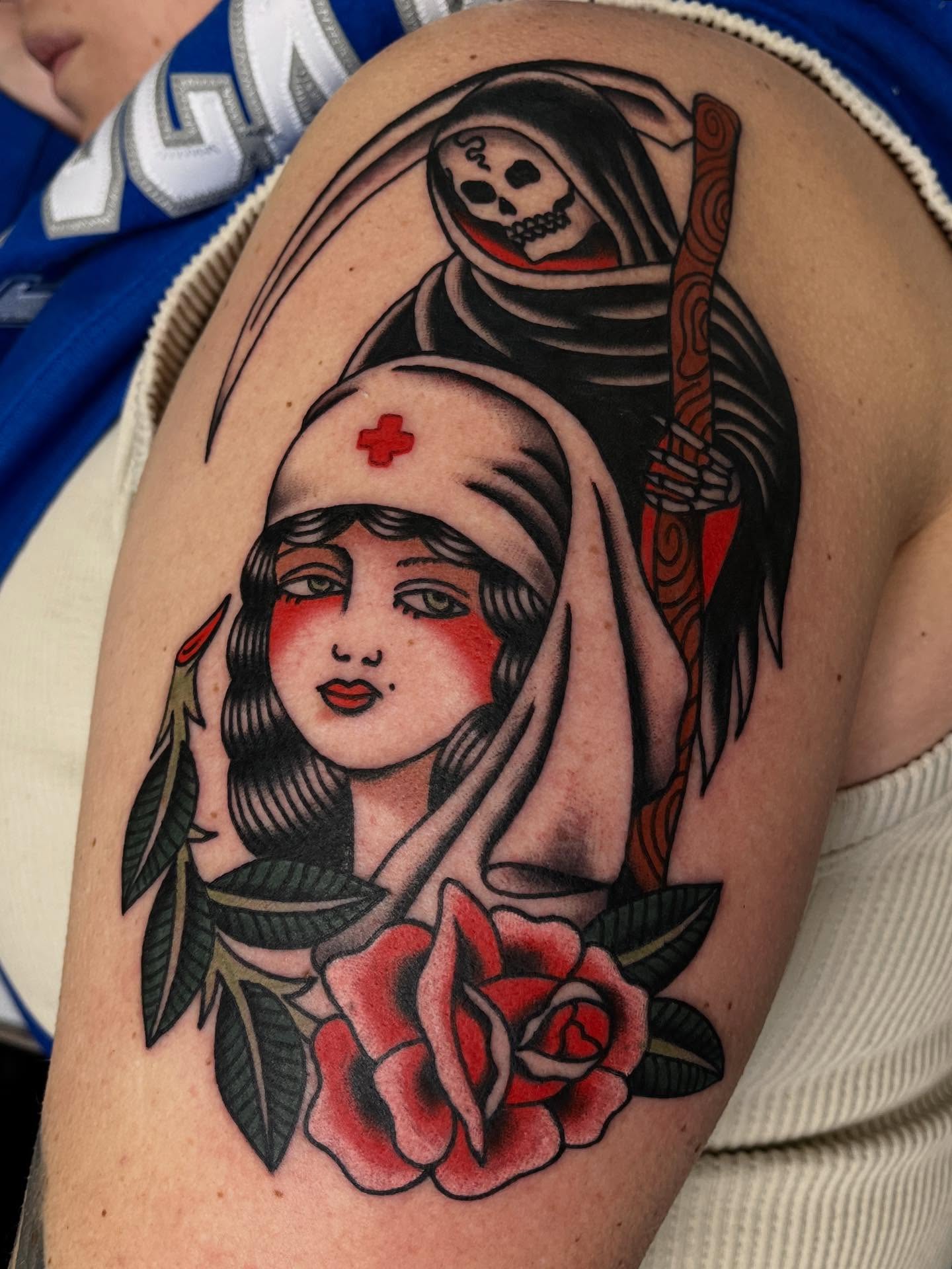 Nurse and death American traditional tattoo on the shoulder by 🌞all Bodies Welcome🌞