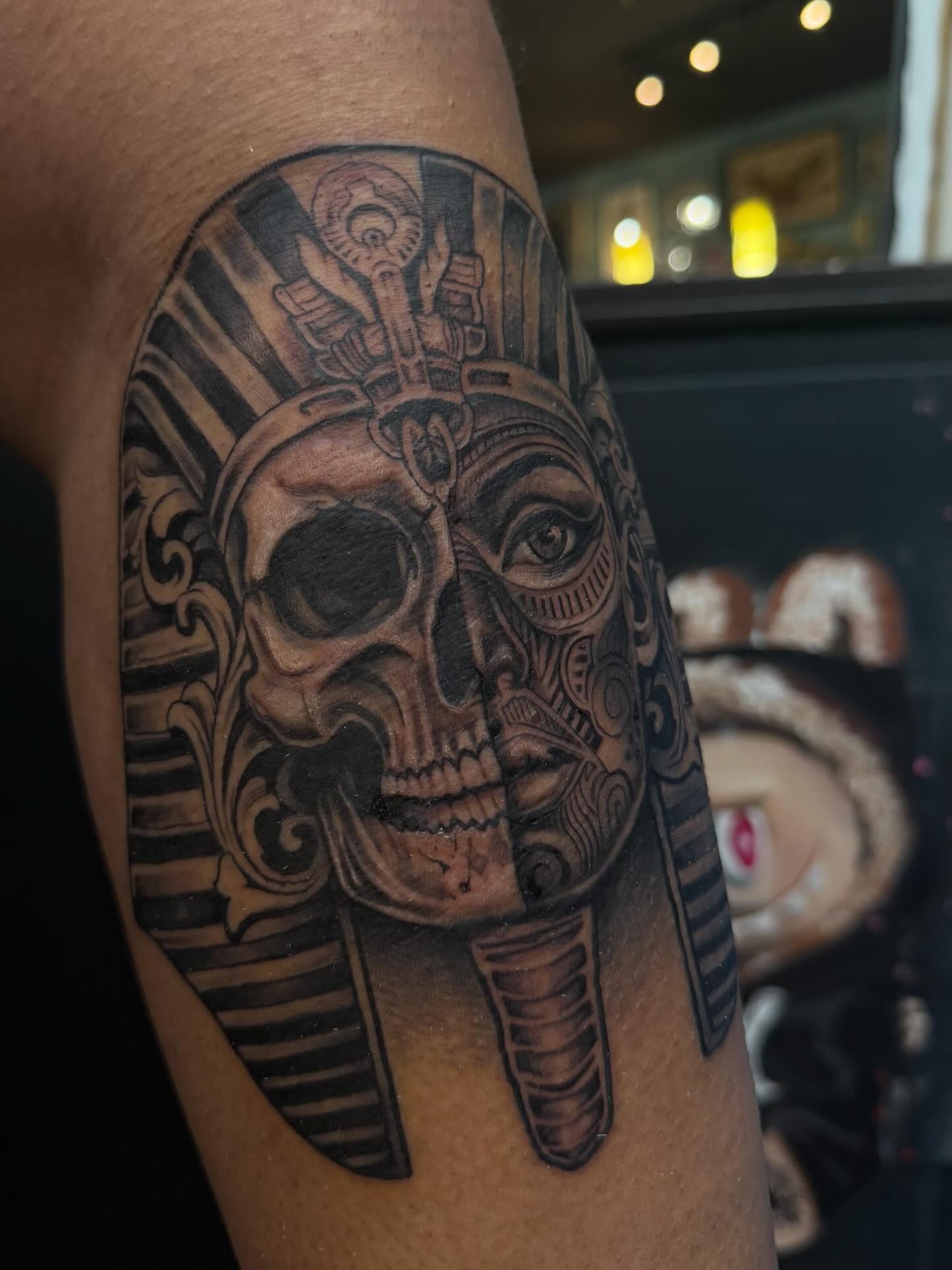 Pharaoh skull realism tattoo on the forearm by Lu Ve, Dayton, Ohio
